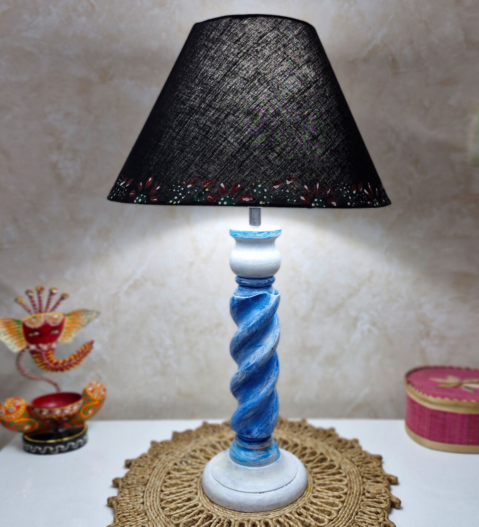 Handmade & Handpainted Blue& white Rope shape Wooden Table lamp with Hanpainted border on Cotton Black shade