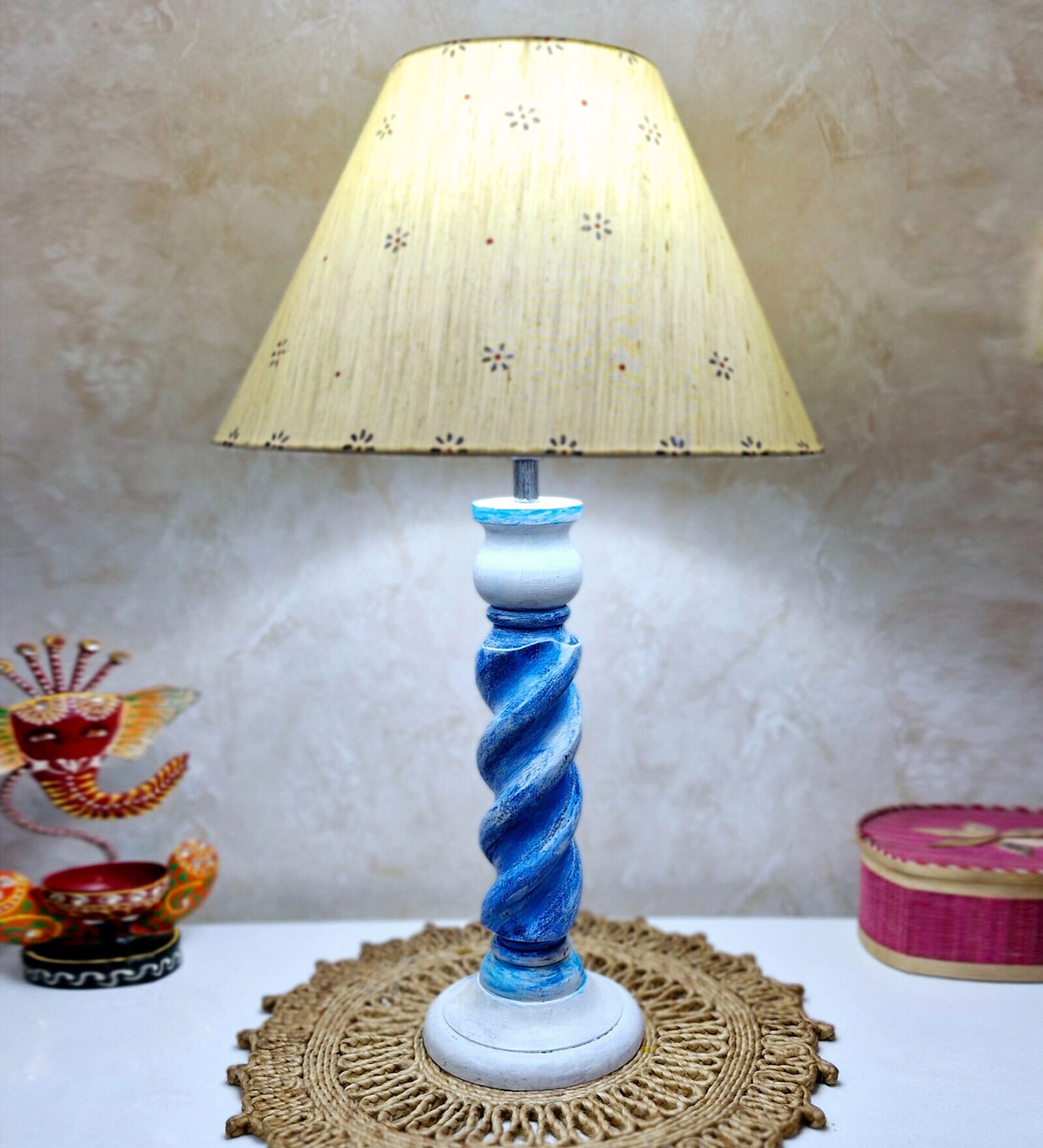 Handmade & Handpainted Blue& white Rope shape Wooden Table lamp with Hanpainted Floral design on Cotton Beige shade