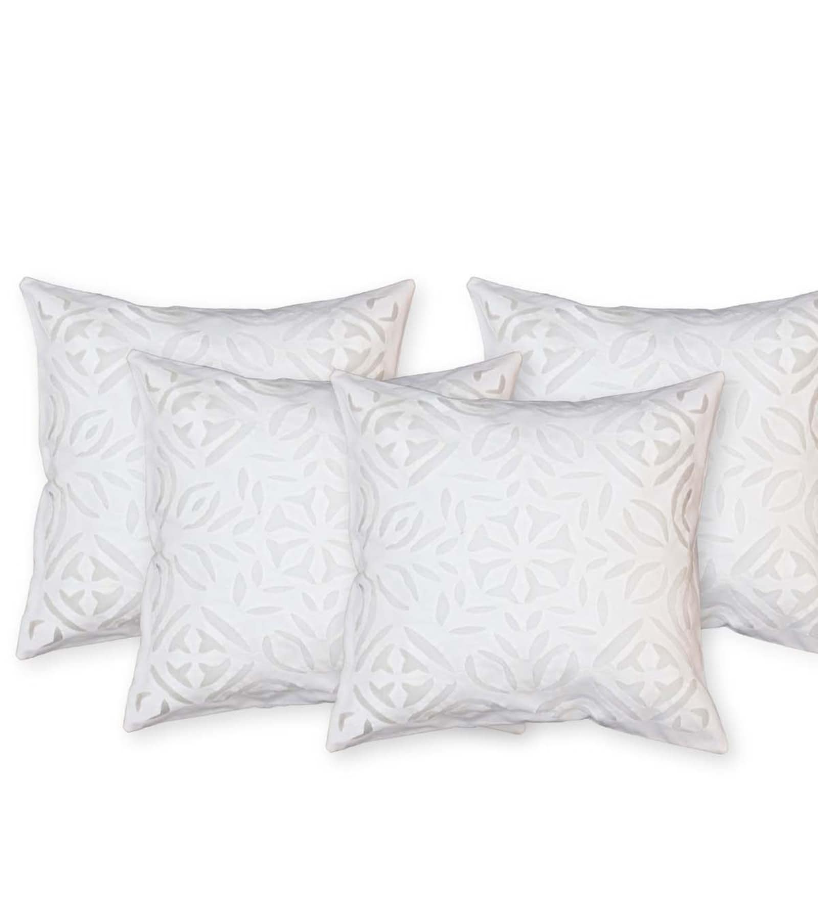 Handmade Applique and Cut Work Cotton Off White Set of 4 (16x16 inches) Cushion Cover