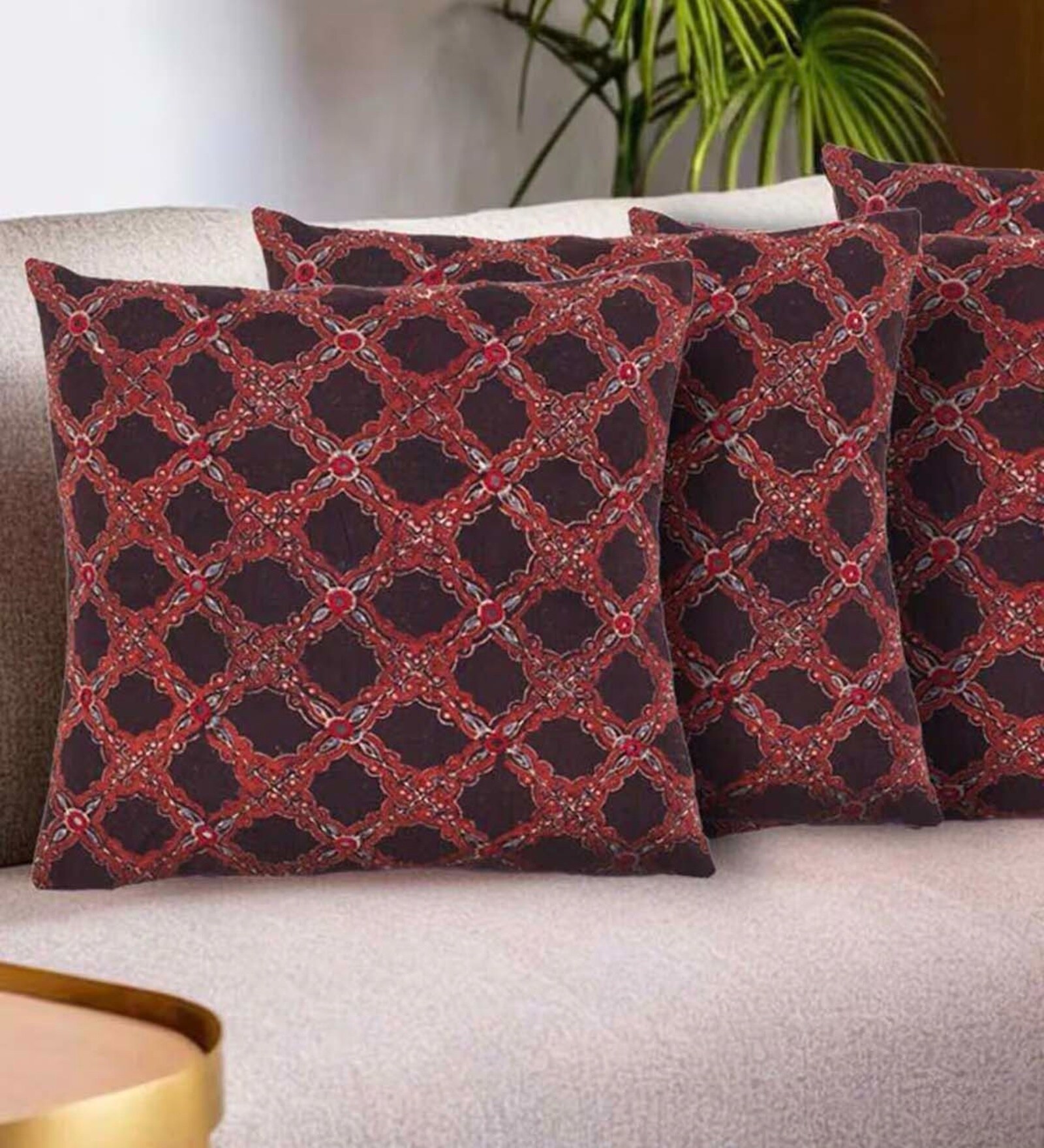 Handmade Block Printed Cotton Brick Red & Black Set of 4(16x16inches) Cushion Cover