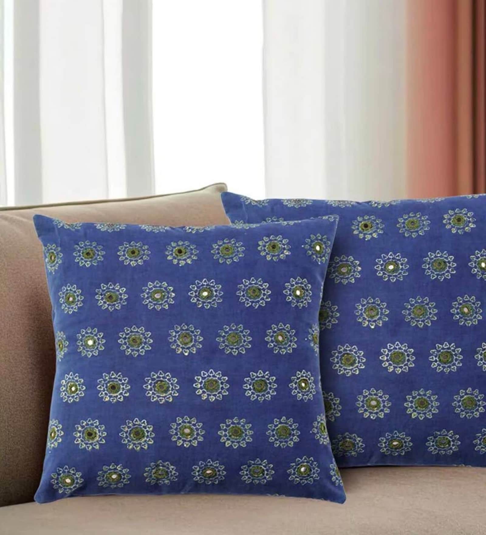 Handmade Block Printed Cotton Indigo & Green Set of 2(16x16inches) Cushion Cover