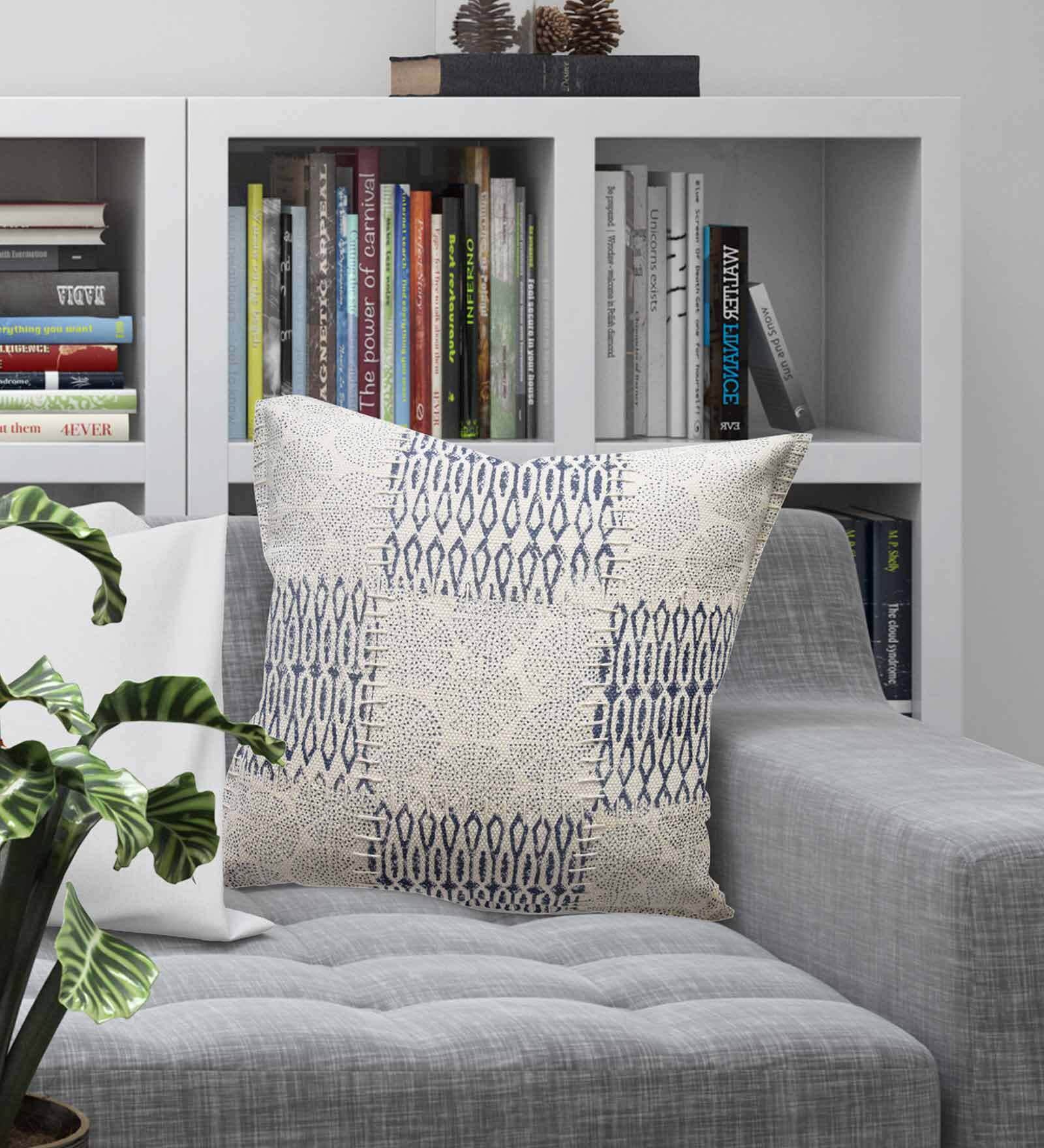 Handmade Blue 22 x 22 Inch Jaipur Block Printed Cotton Cushion Cover