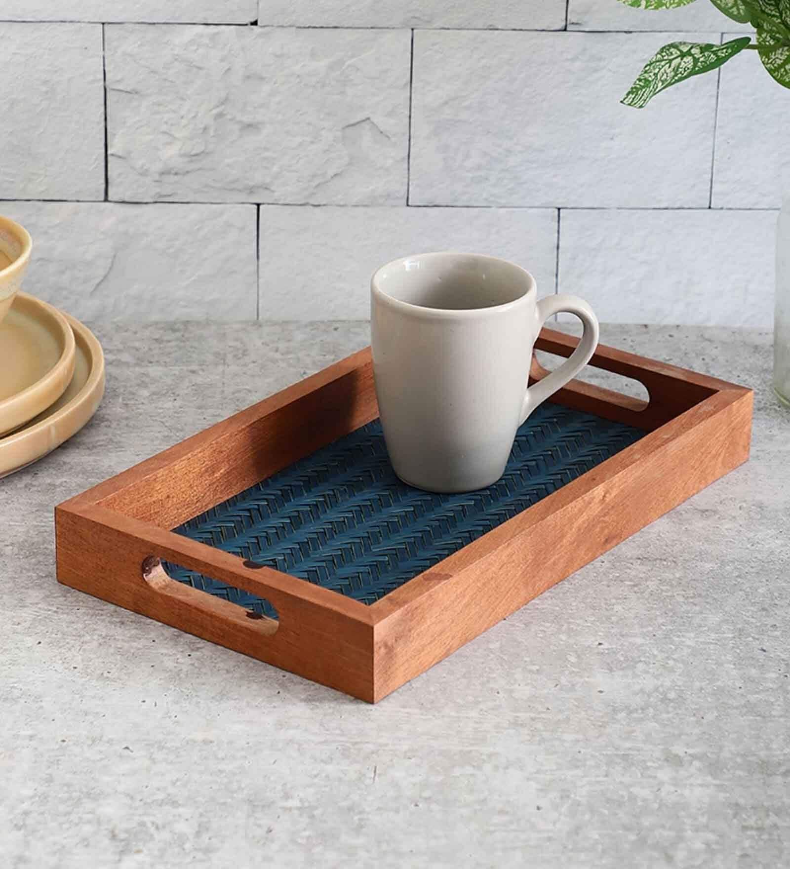 Handmade Blue Chatai Small Tray in Acacia Wood