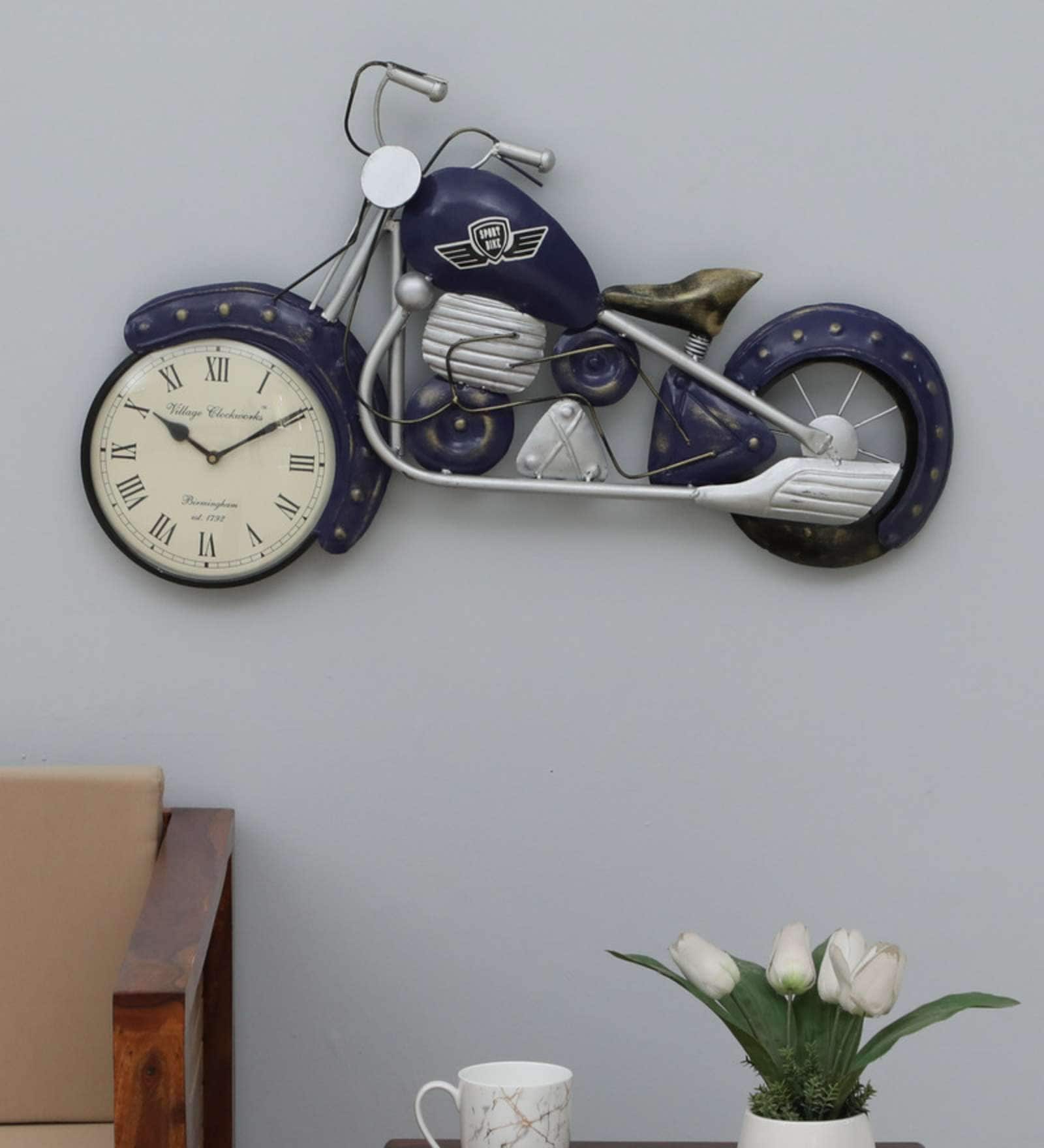Handmade Blue Metal Bullet Bilke Wall Hanging Clock