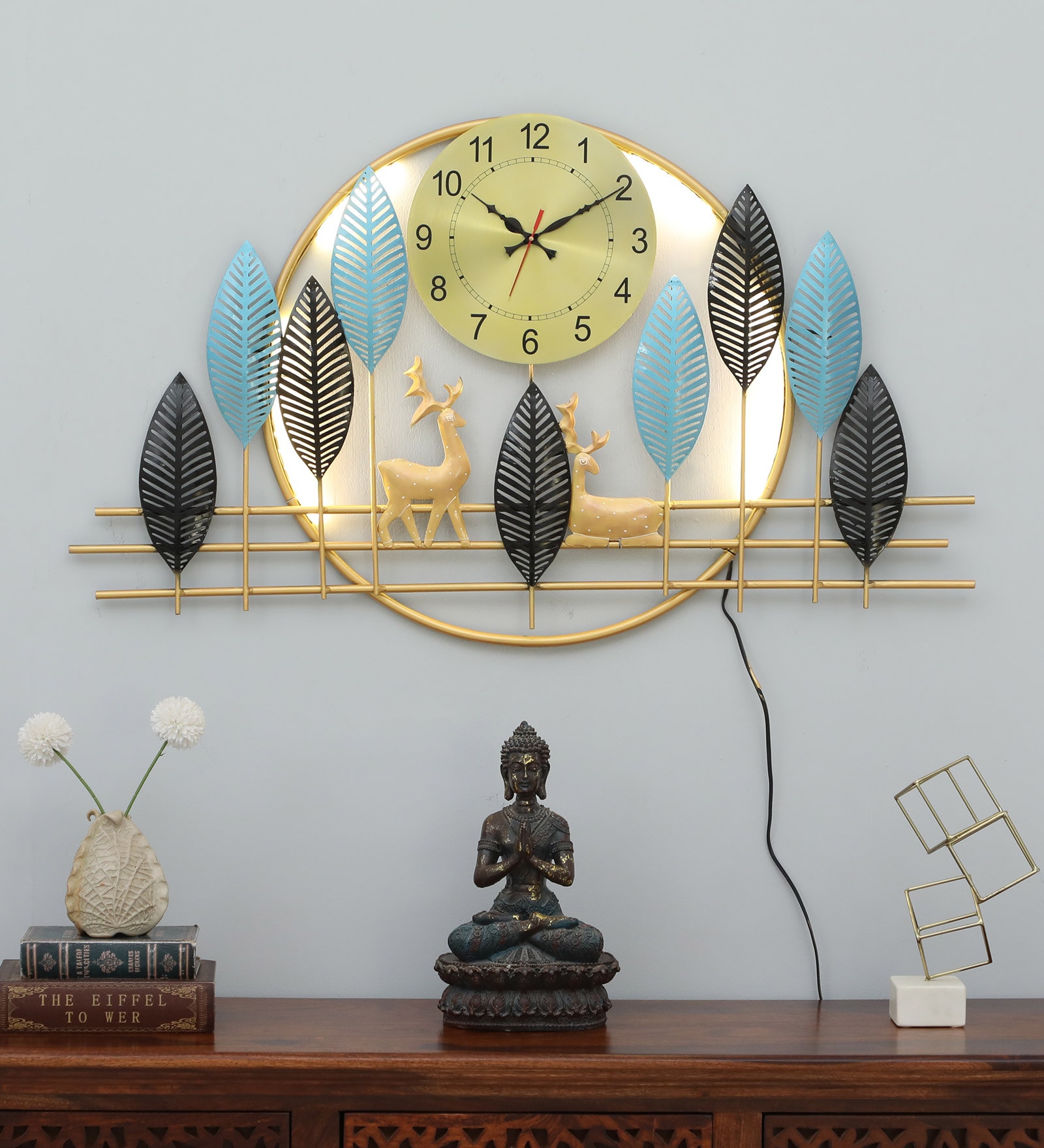 Handmade Blue Metal Deer Wall Hanging Clock