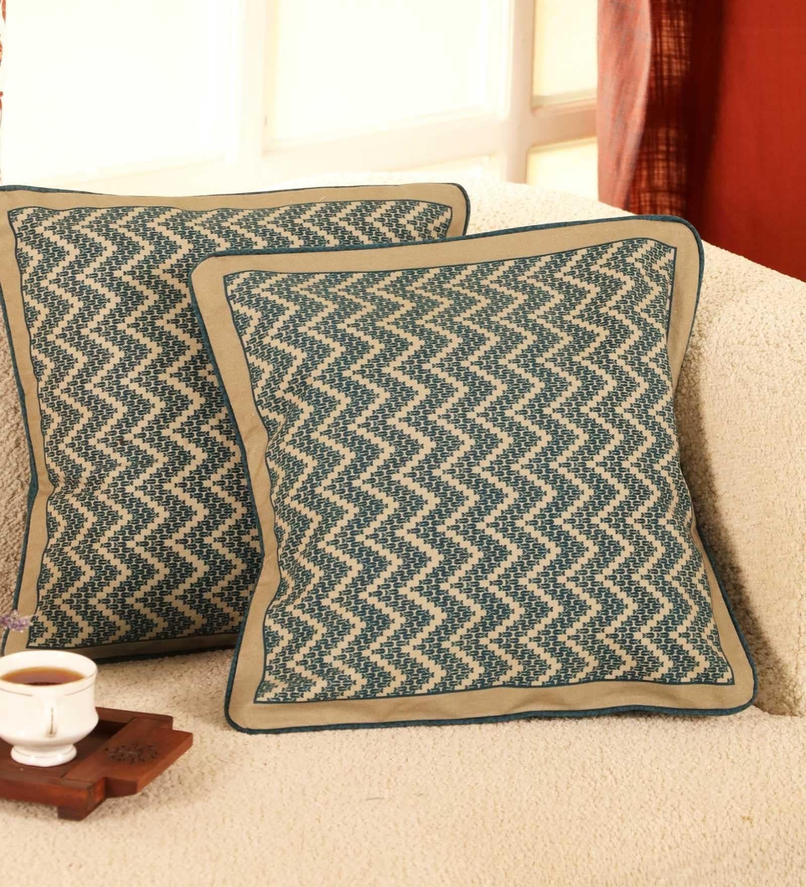 Handmade Cotton Chevron print in Ivory and Navy Blue  Set of 4 (16x16inches) Cushion Covers
