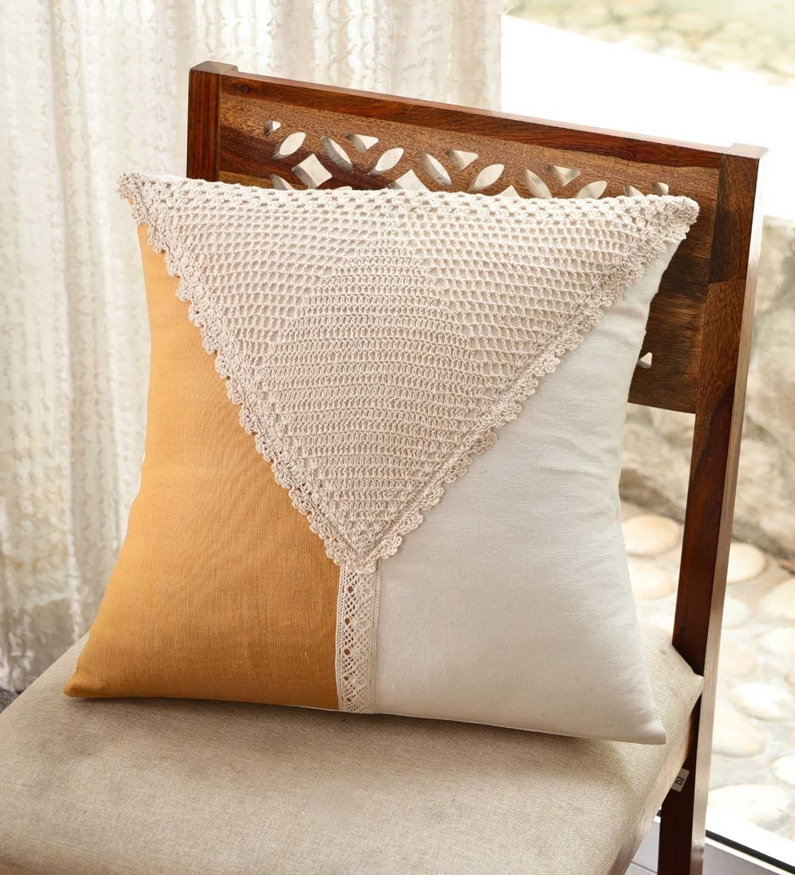 Handmade Cotton Mustard and Off White Crochet Set of 3 (16x16inches) Cushion Covers