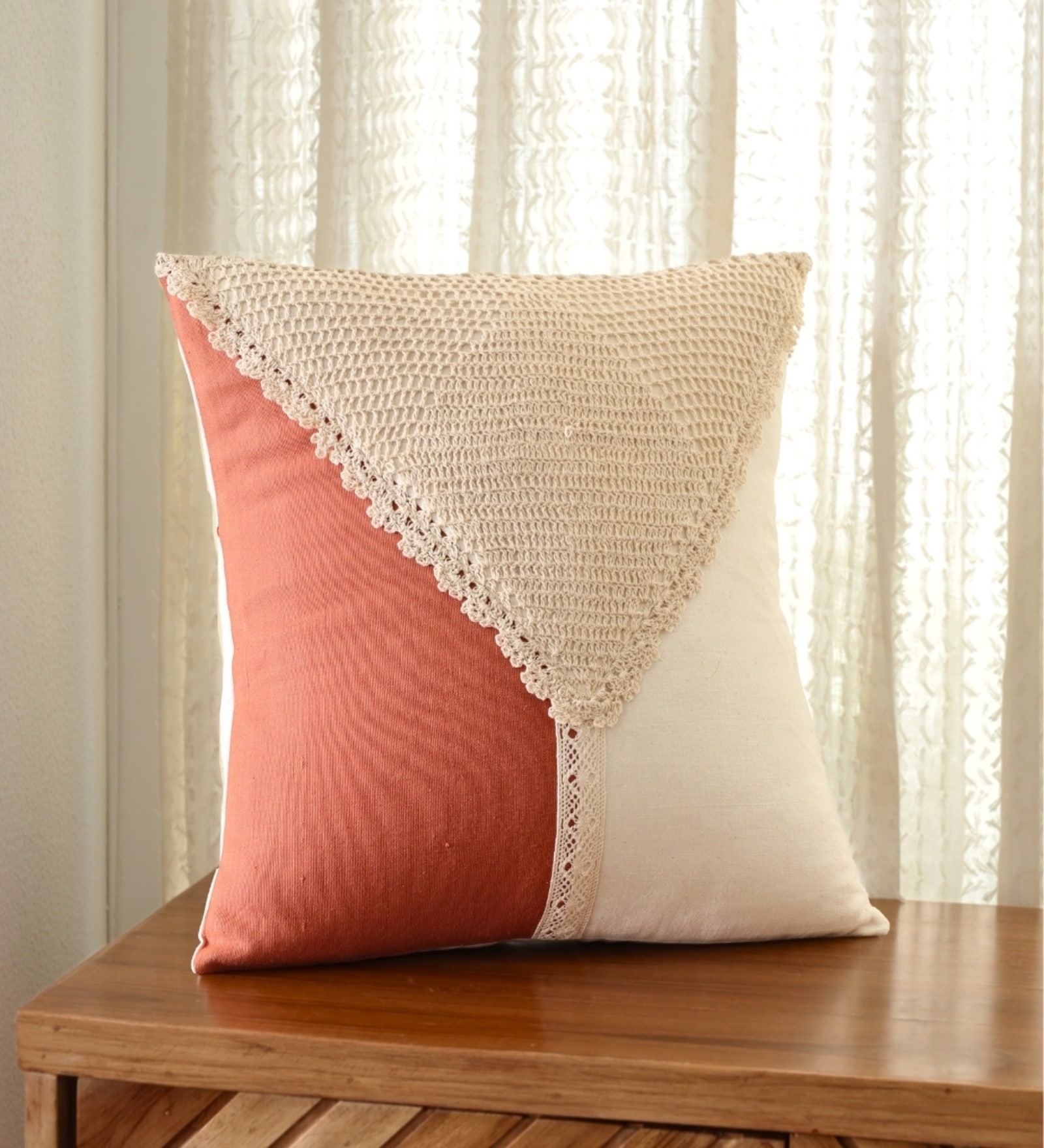 Handmade Cotton Rust and Off White Crochet (16x16inches) Cushion Covers