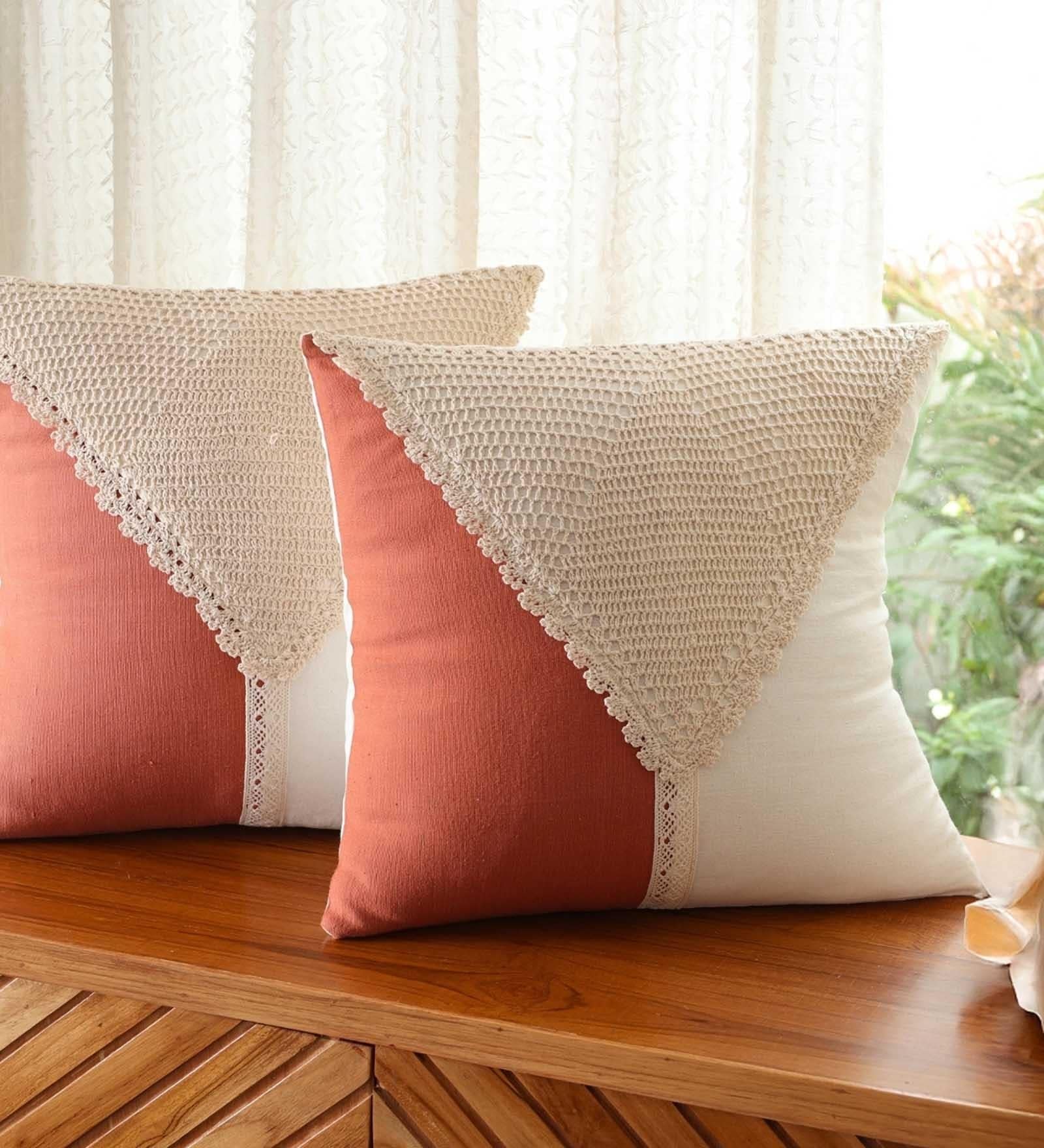 Handmade Cotton Rust and Off White Crochet Set of 2 (16x16inches) Cushion Covers