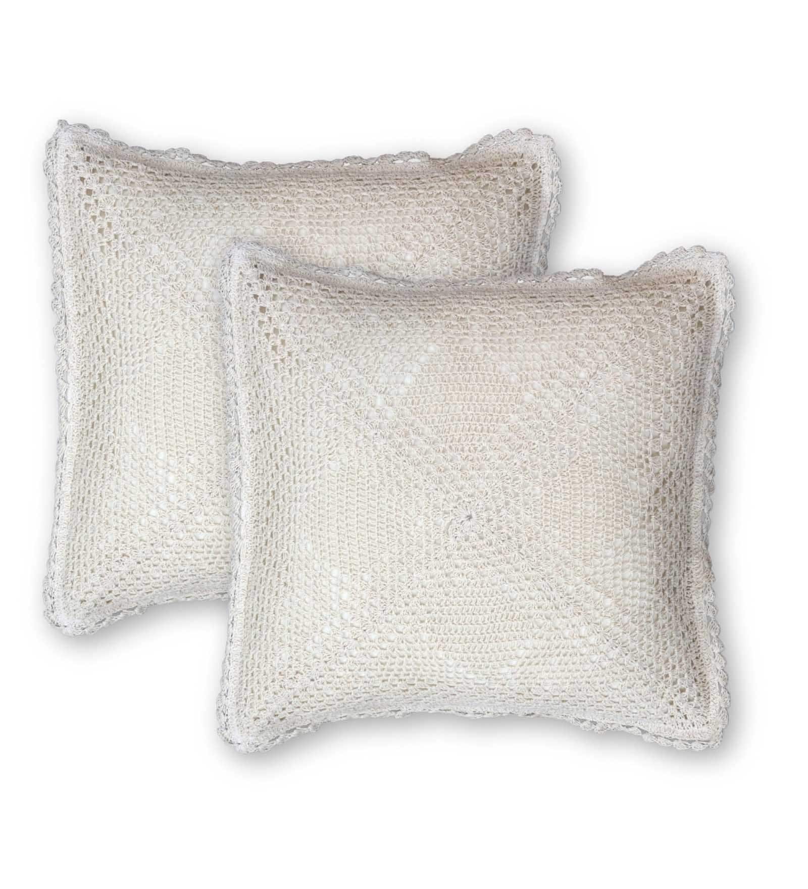 Handmade Crochet Cotton Boho Off white Set of 2 (16x16inches)Cushion Cover