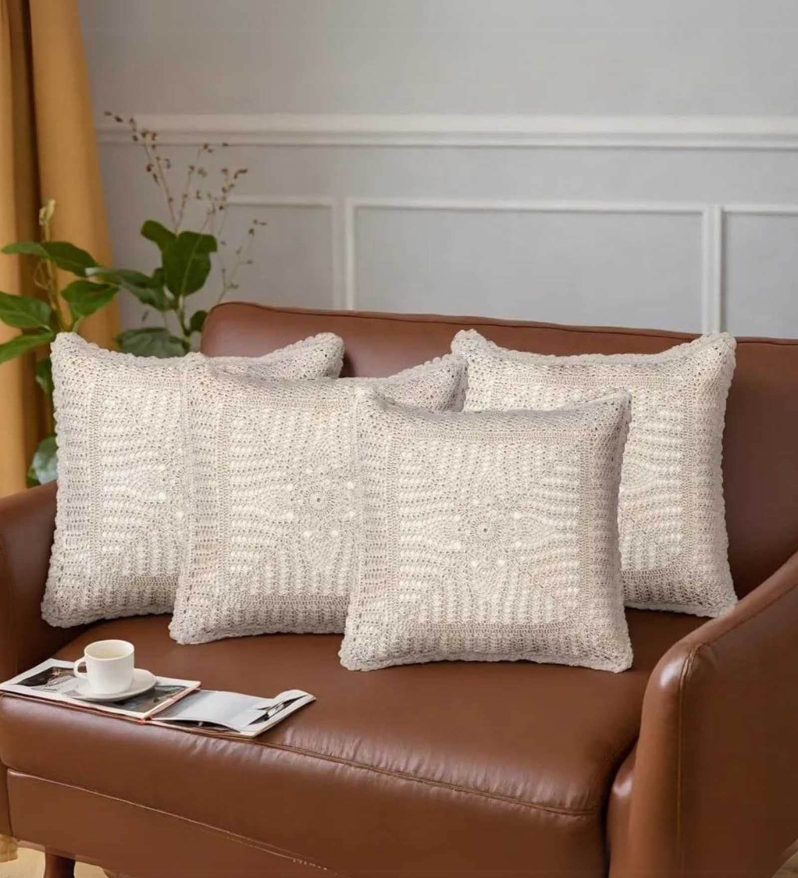 Handmade Crochet Cotton Boho Off white Set of 4 (16x16inches)Cushion Cover
