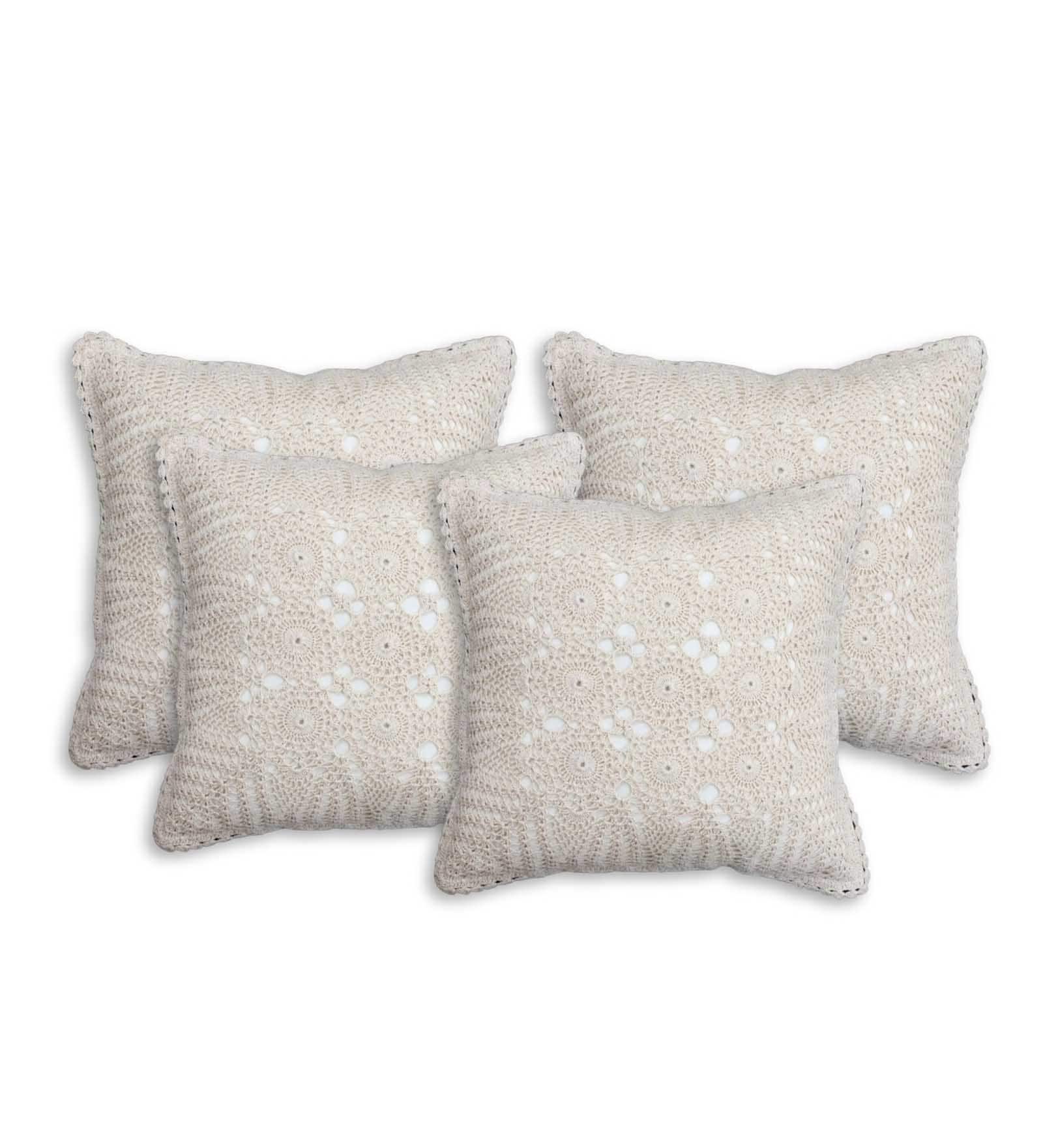 Handmade Crochet Cotton Boho Off white Set of 4 (16x16inches)Cushion Cover