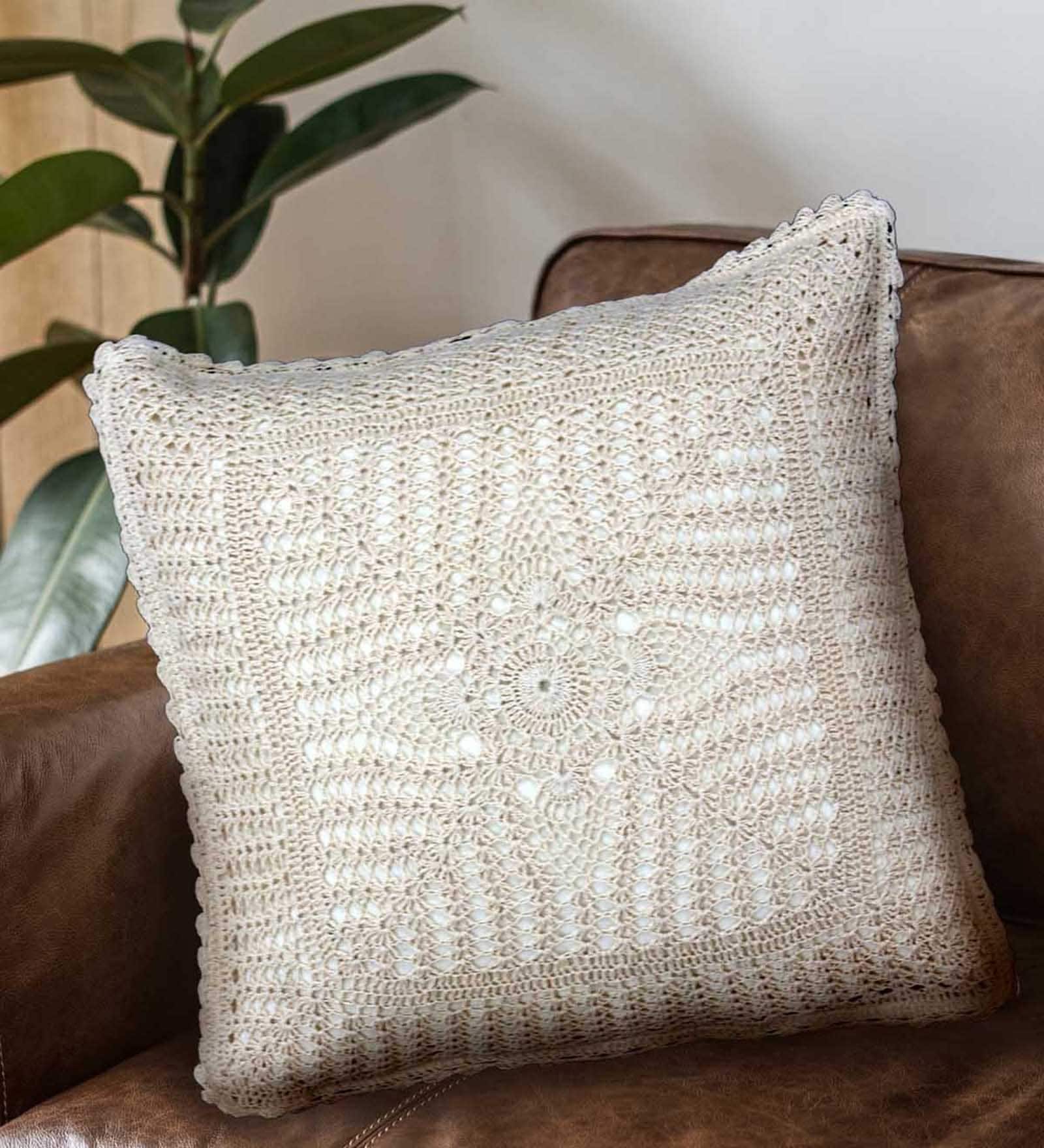 Handmade Crochet Cotton White Set of 2(16x16inches) Cushion Covers