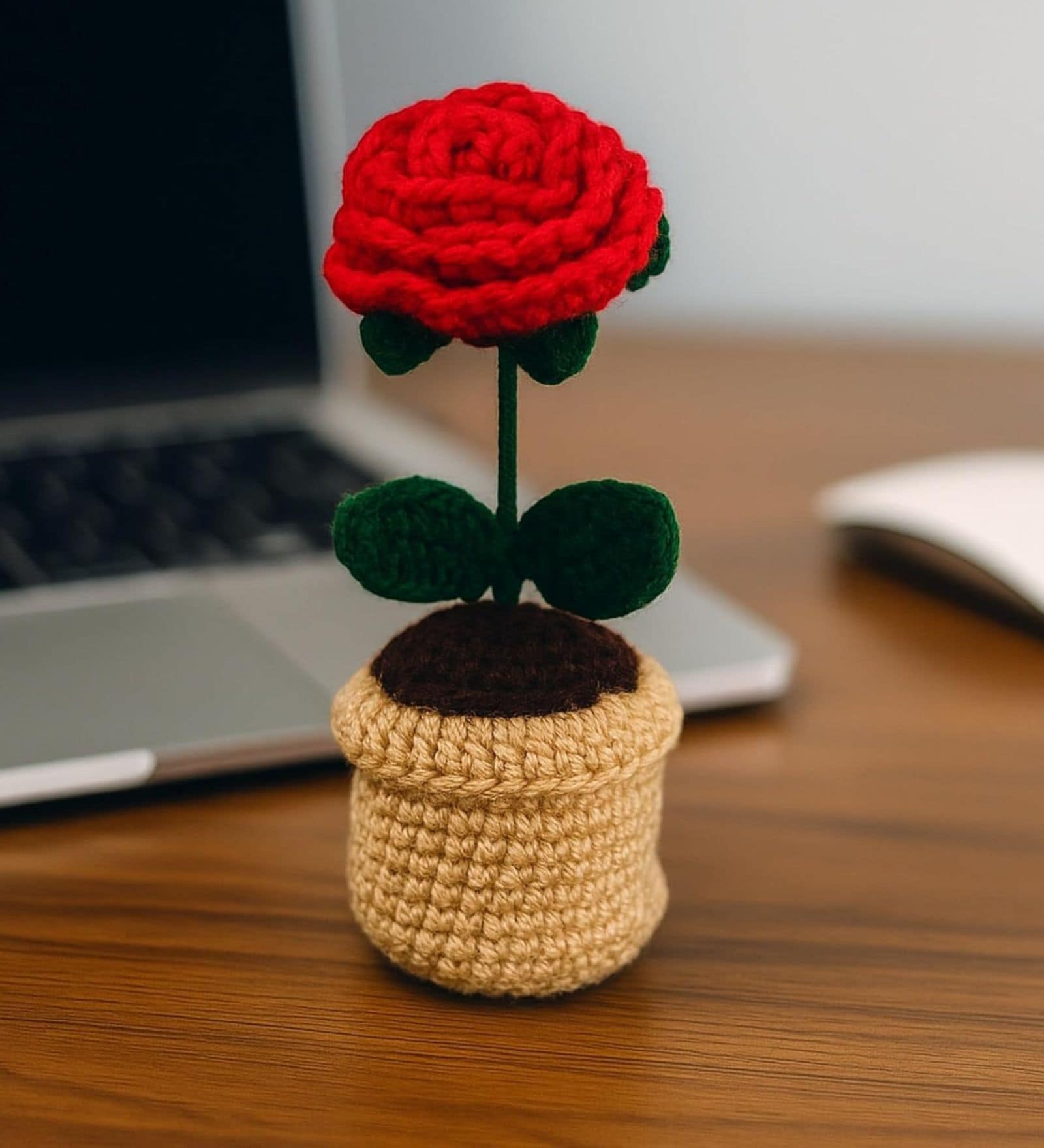 Red Rose Handmade Crochet Flower With Pot