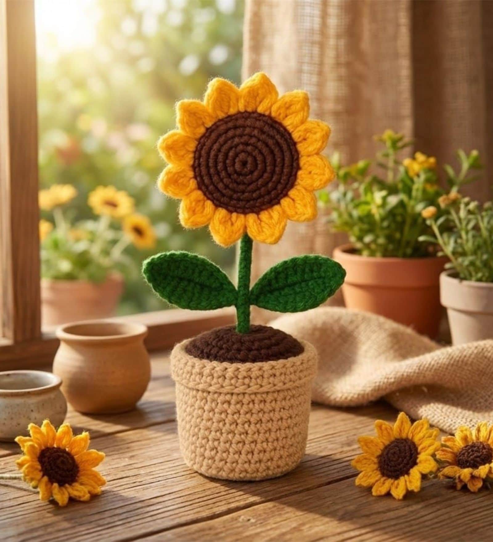 Yellow Sunflower Handmade Crochet With Pot