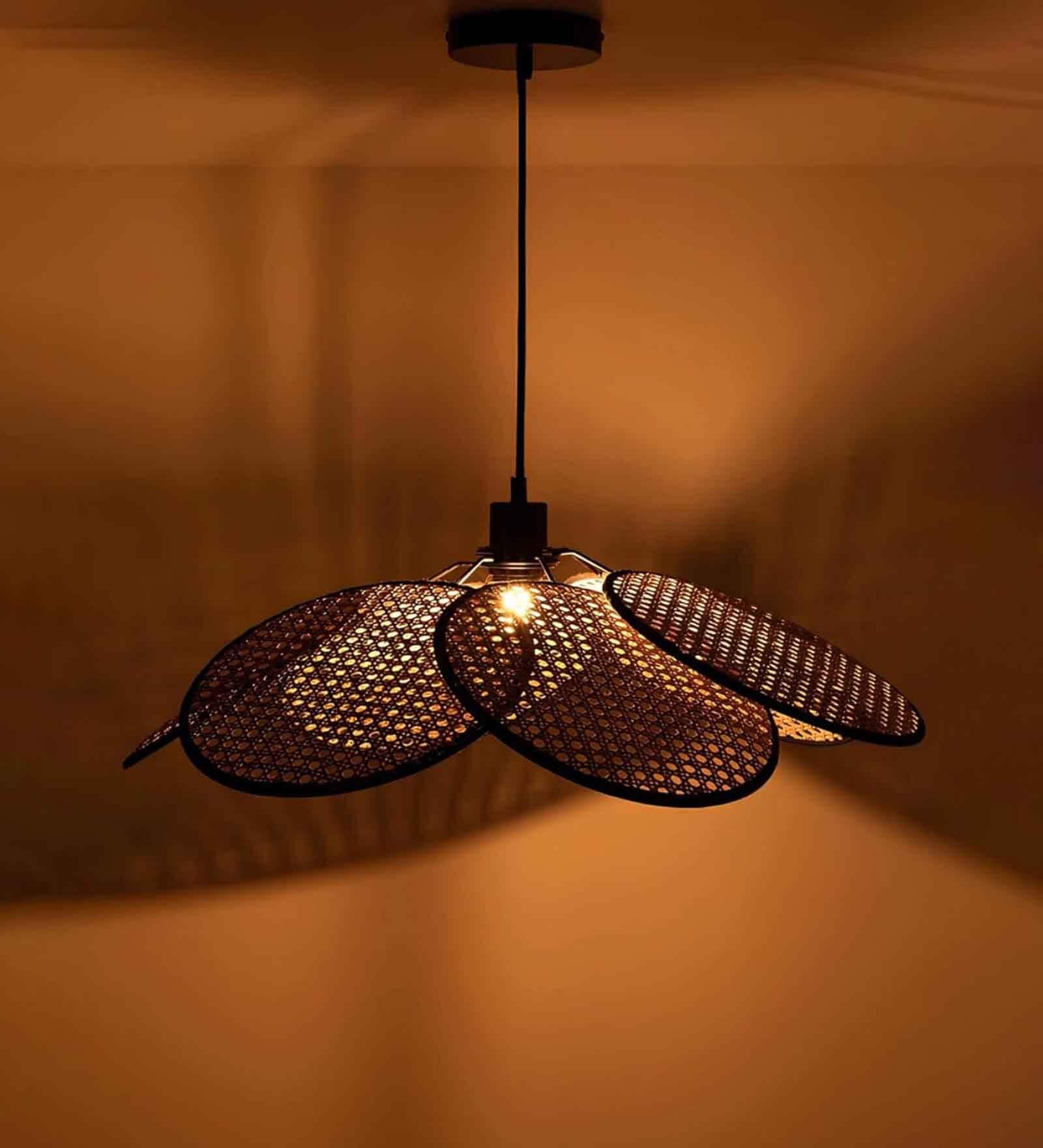 Handmade Floral Webbing Rattan Cane & Sea Grass Pendant Hanging Light (Beige & Black)