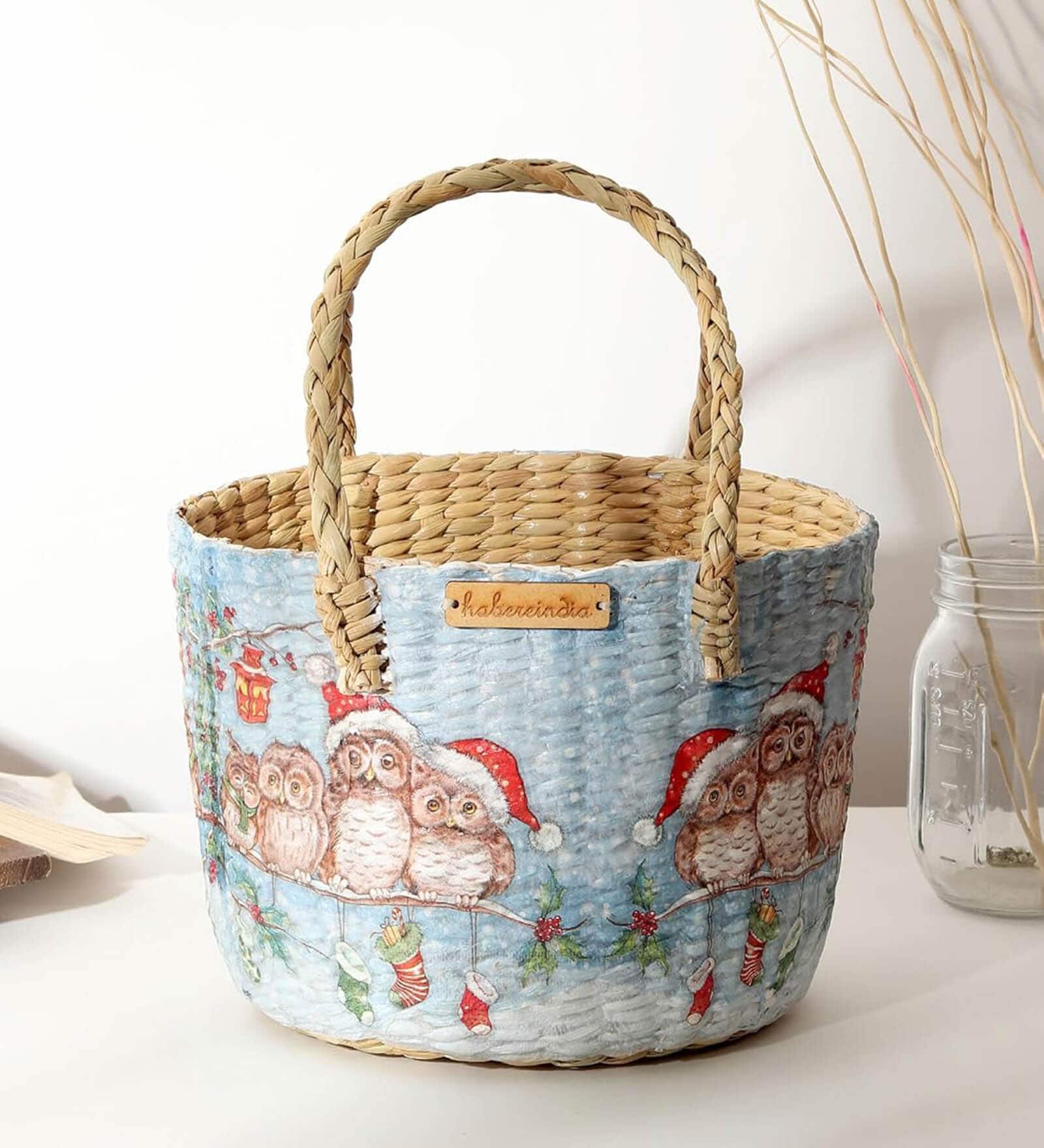 (1Pc) Blue Straw Round Storage Basket & Gift Hamper