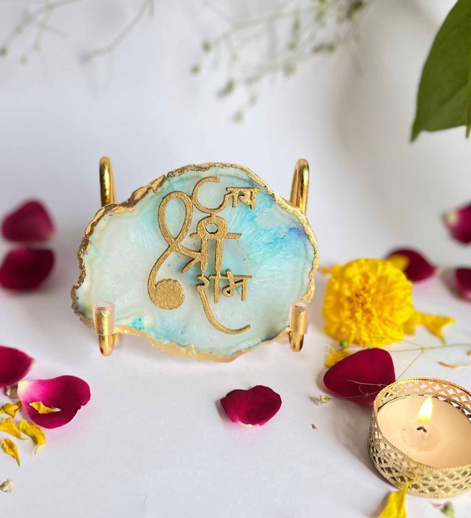 Handmade Jai Shree Ram Turquoise Agate Stone with Metal Stand