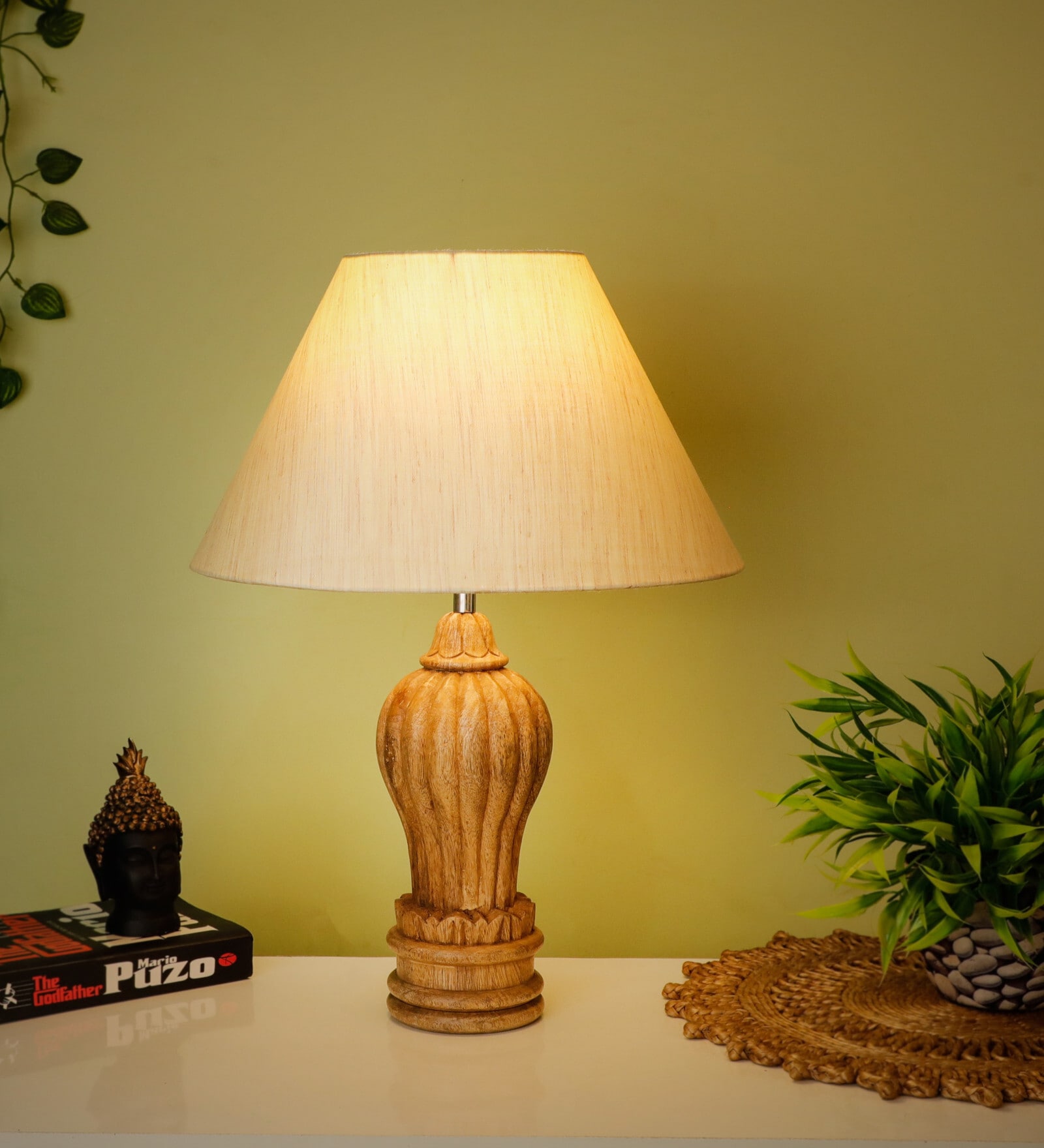 Beige Shade With Natural Color Gada Design Wooden Handmade Table Lamp Beige Shade With Natural Color Gada Design Wooden Handmade Table Lamp