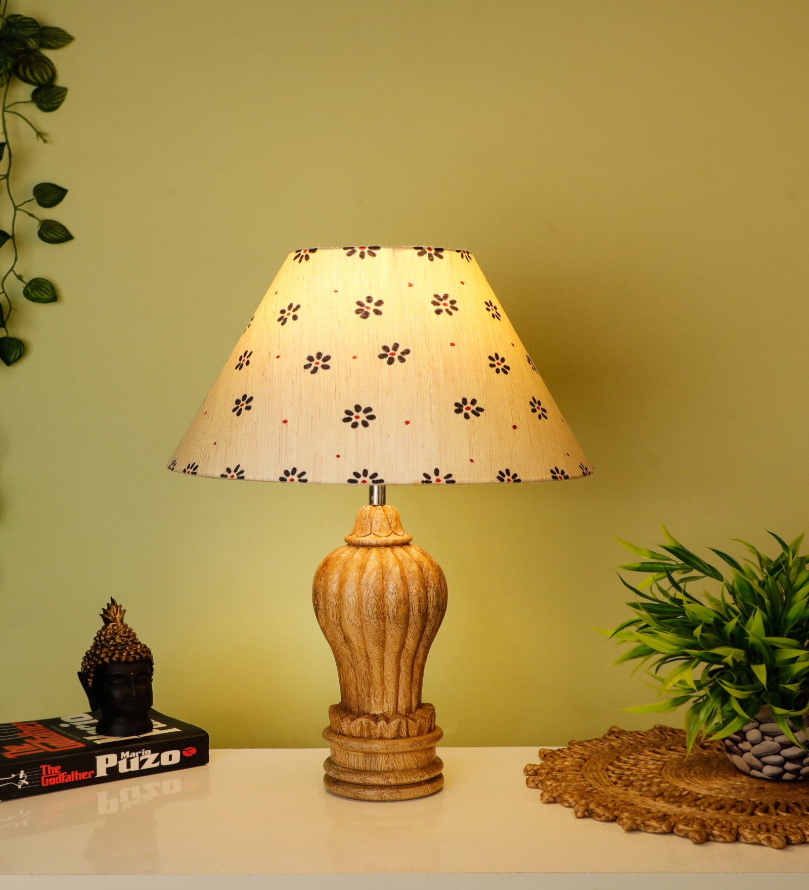 Beige Handpainted Shade With Natural Color Gada Design Wooden Handmade Table Lamp