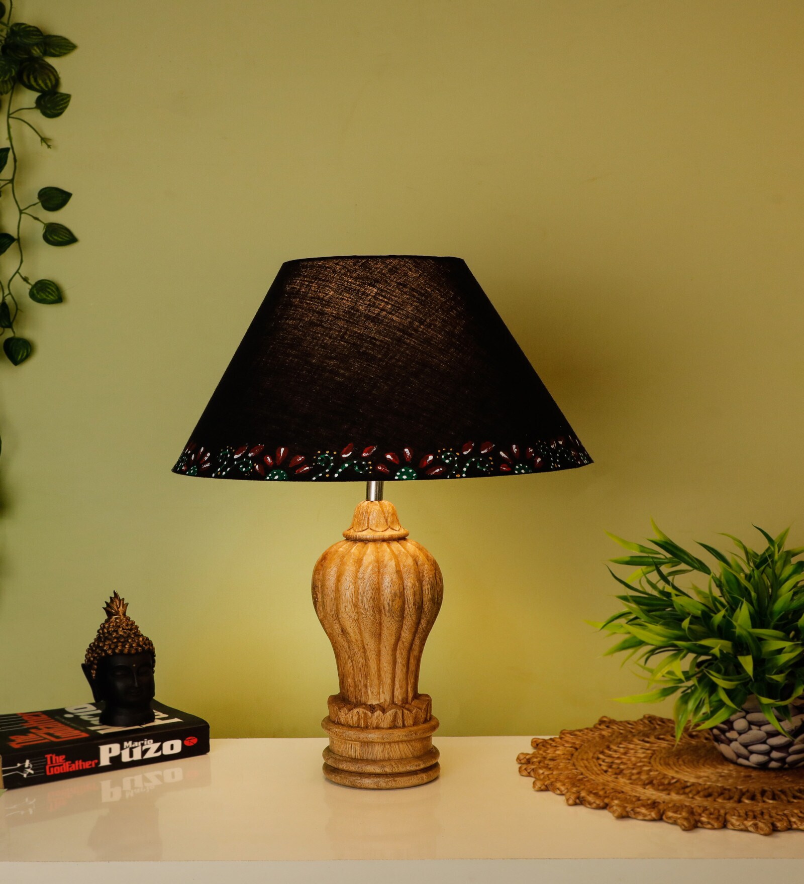 Black Handpainted Shade With Natural Color Gada Design Wooden Handmade Table Lamp