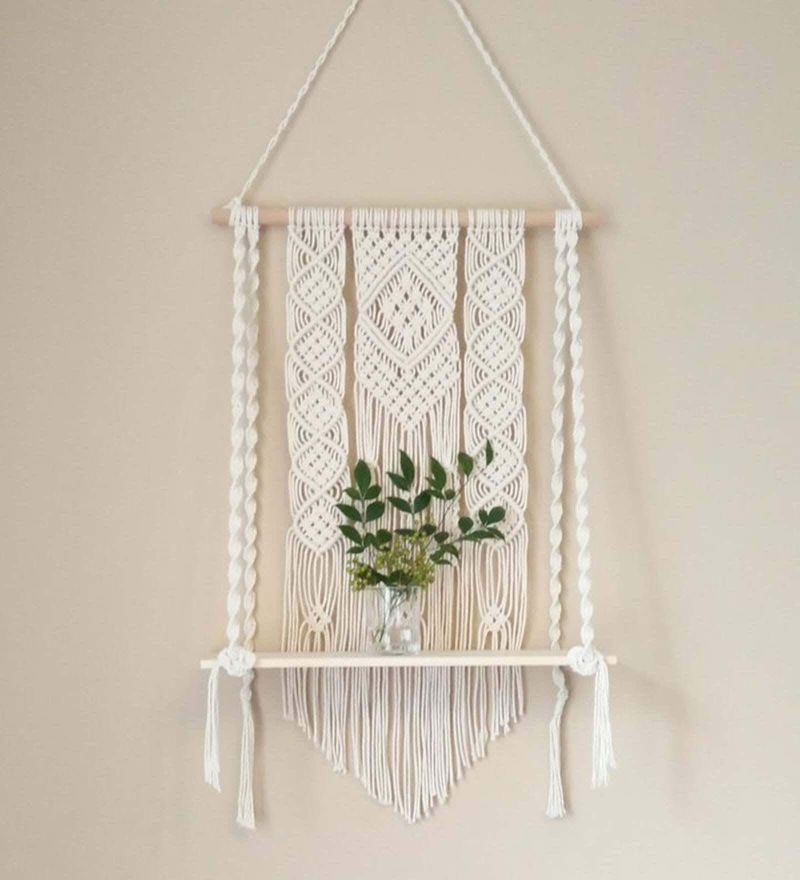 Handmade Macrame  Wall Hanging With Pine Wood Shelf In Off White