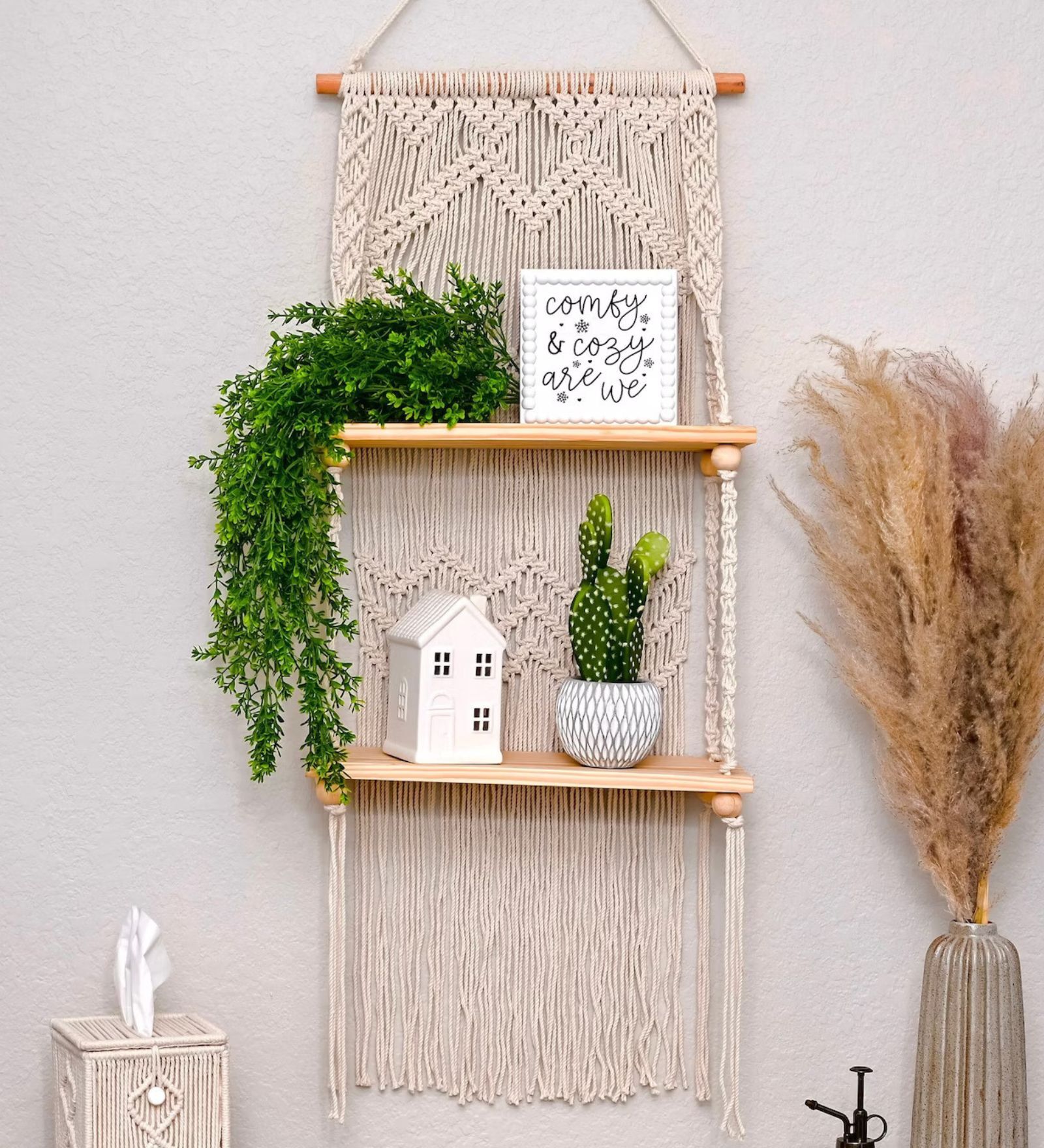 Handmade Macrame Wall Hanging With Pine Wood Shelf In Off White