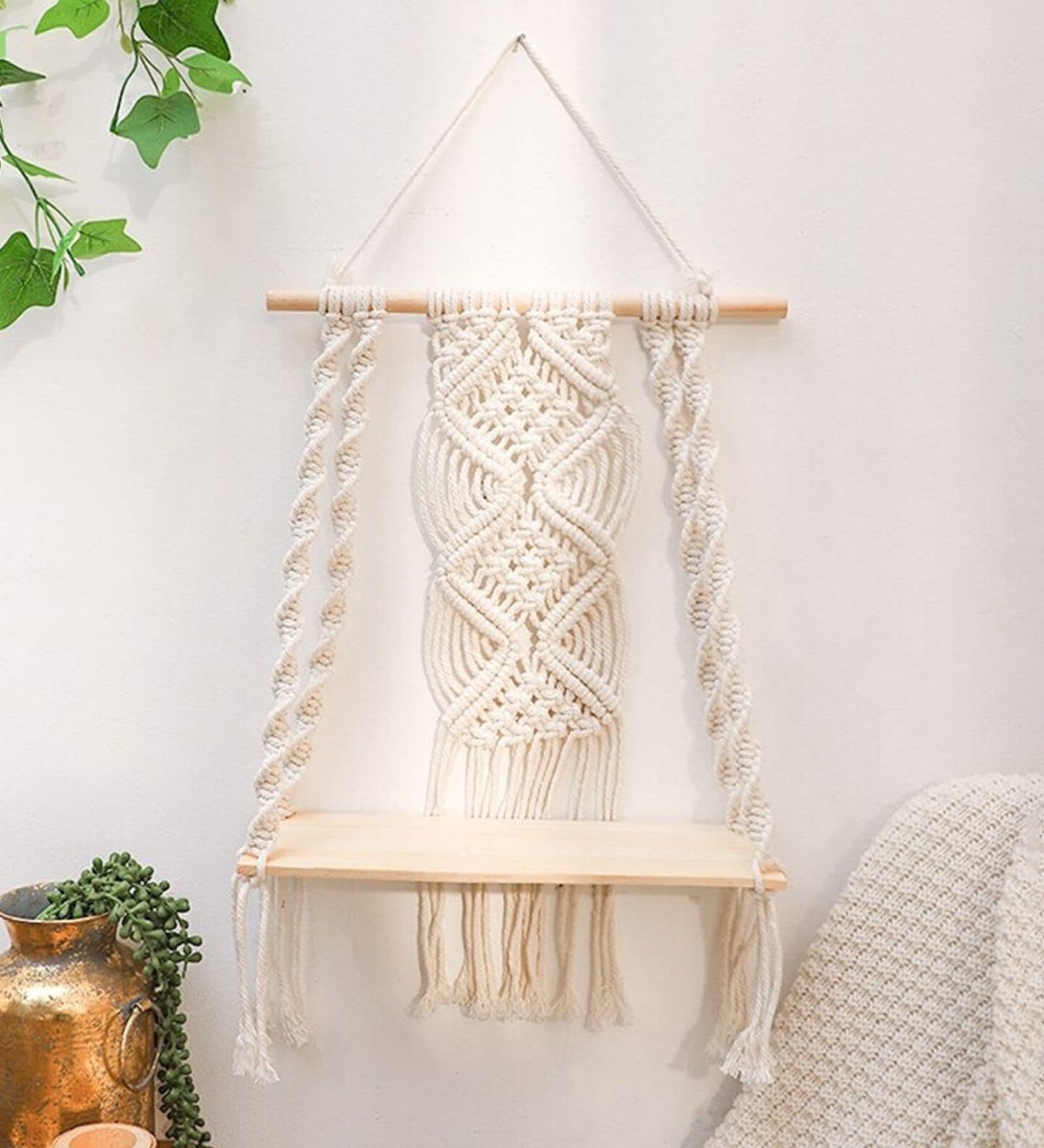 Handmade Macrame Wall Hanging With Pine Wood Shelf In Off White