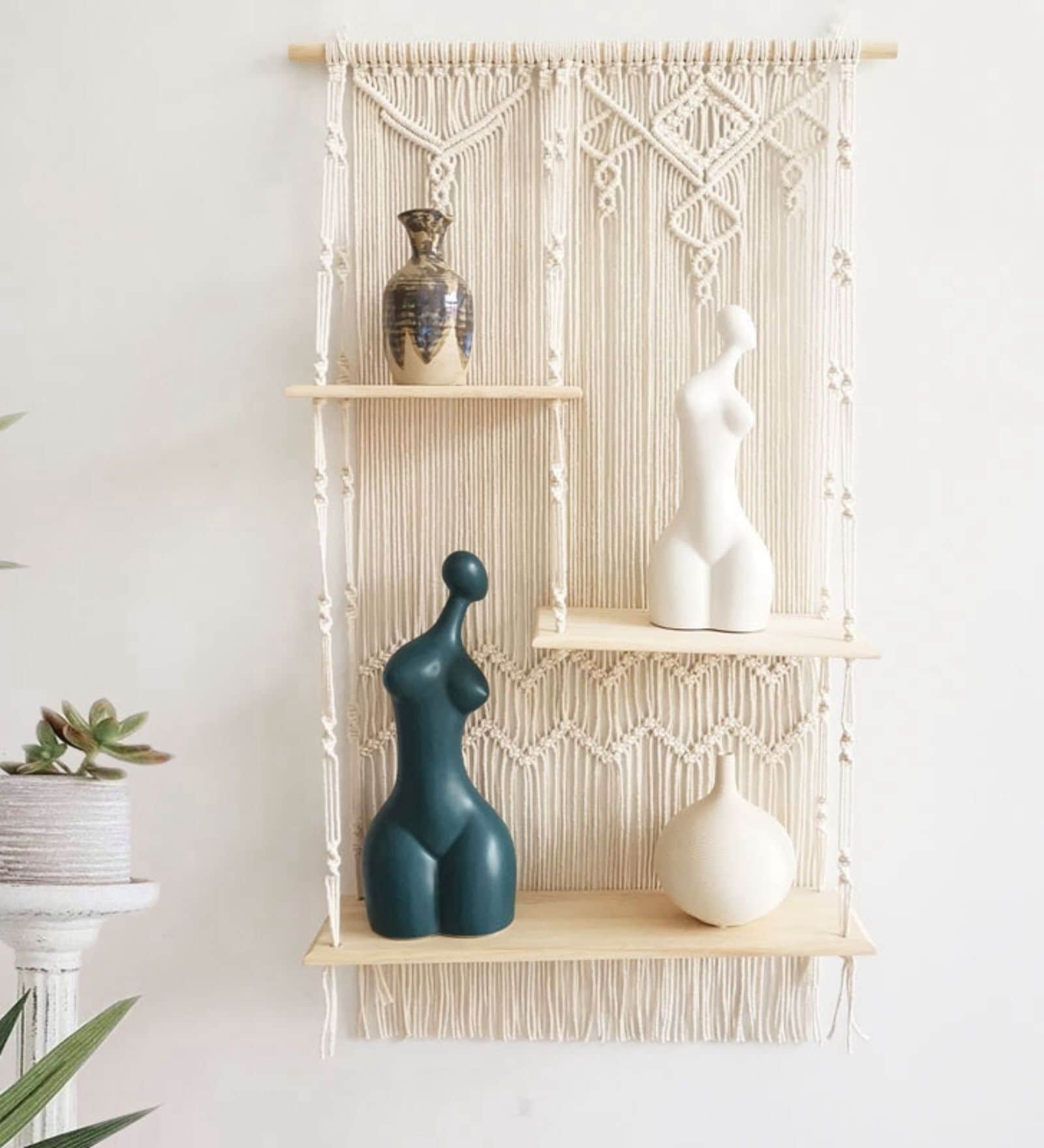 Handmade Macrame Wall Hanging With Pine Wood Shelf In Off White