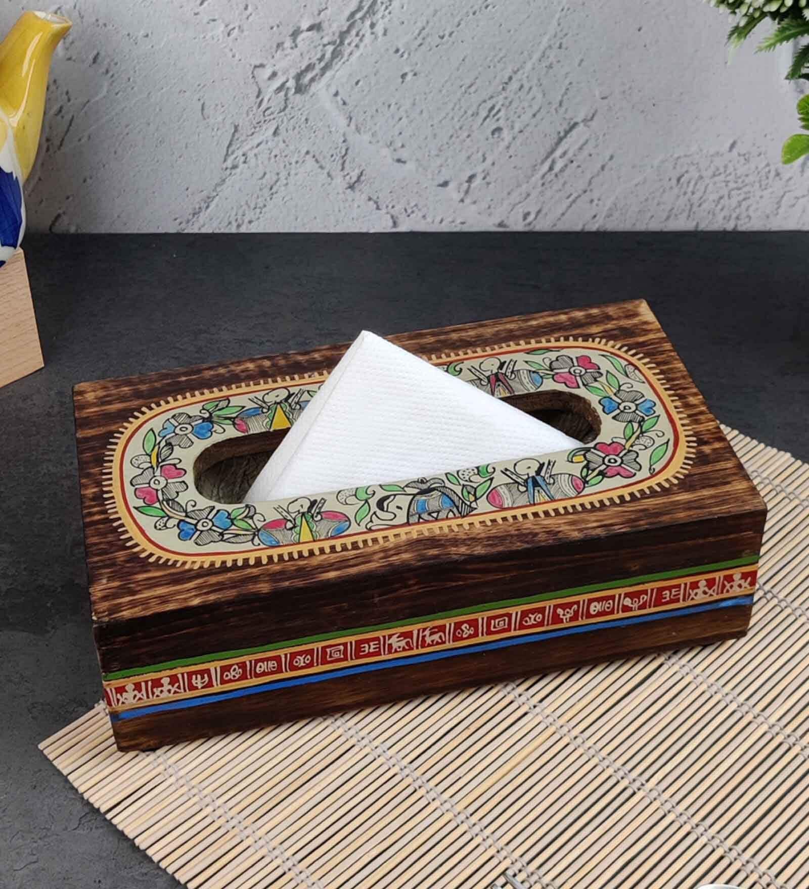 Handmade Madhubani Work Mango Wood Tissue Box