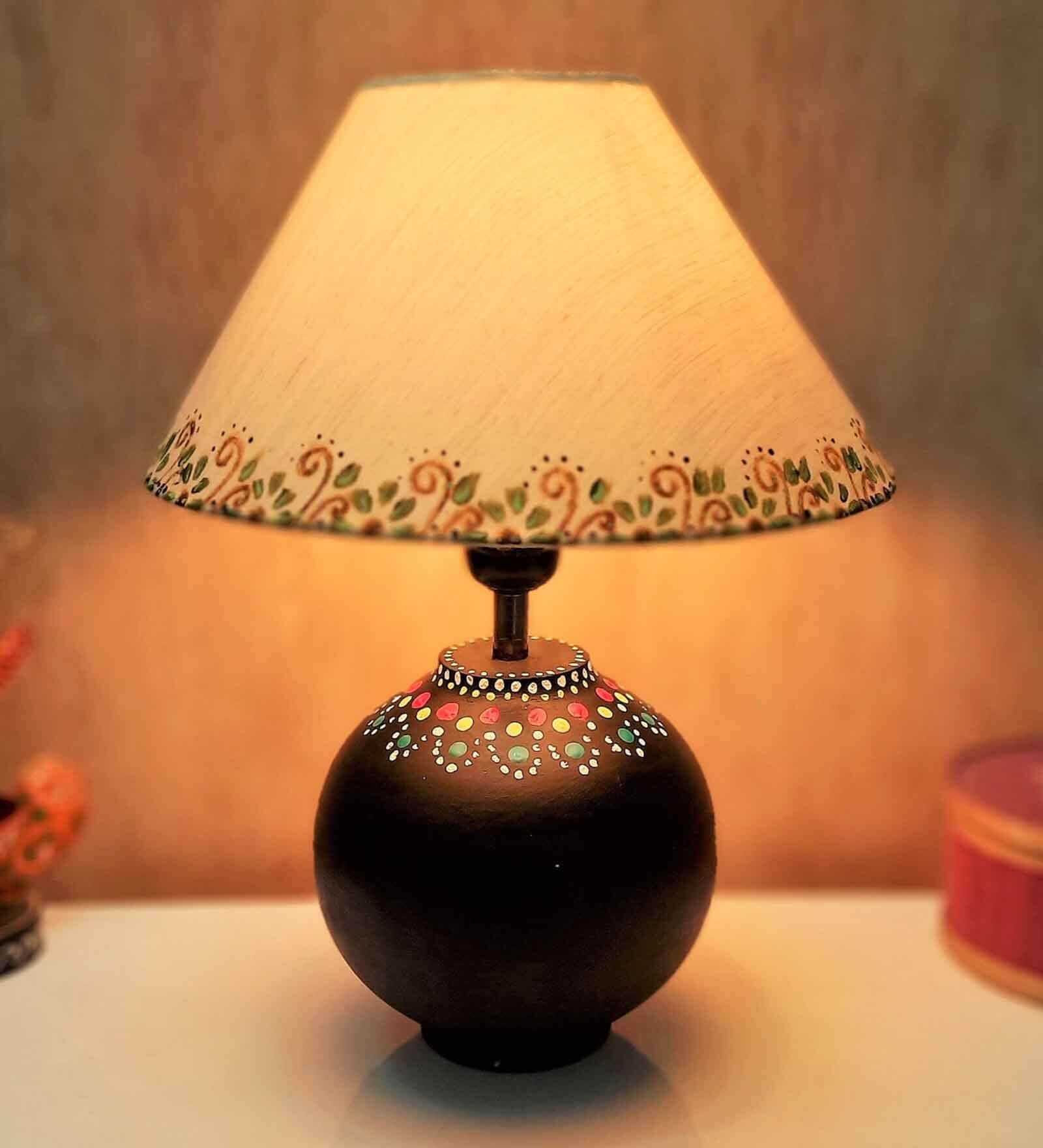 Handmade Mandala Art Matka Shaped Wooden Lamp with Cotton Shade (Black & Beige)