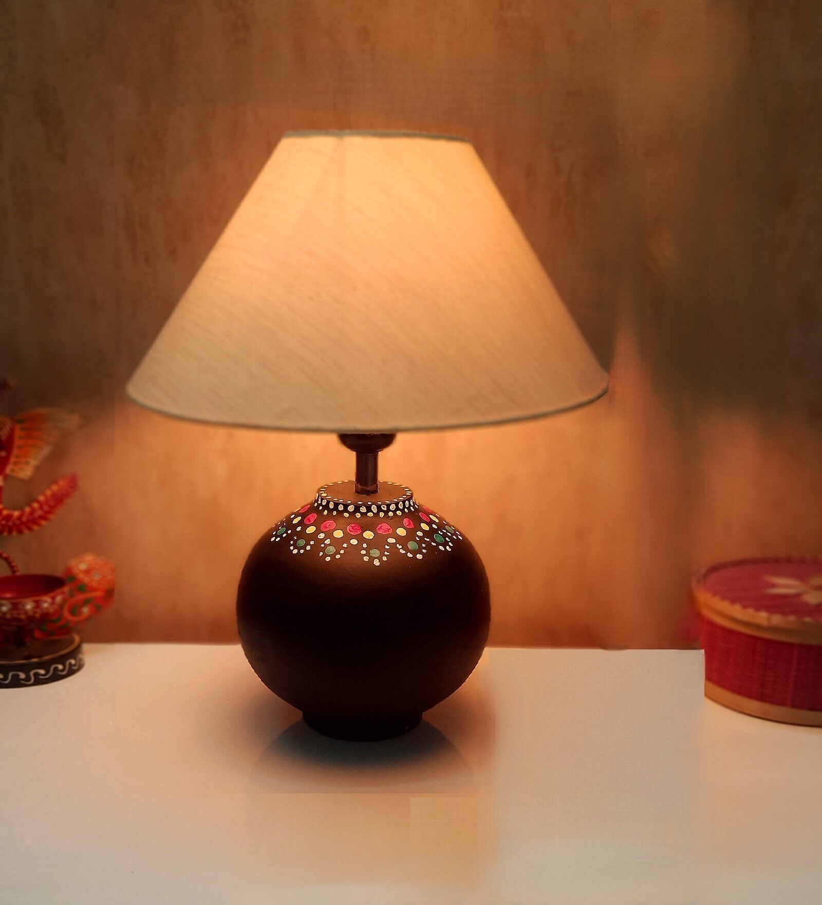 Handmade Mandala Art Matka Shaped Wooden Lamp with Cotton Shade (Black & Beige)