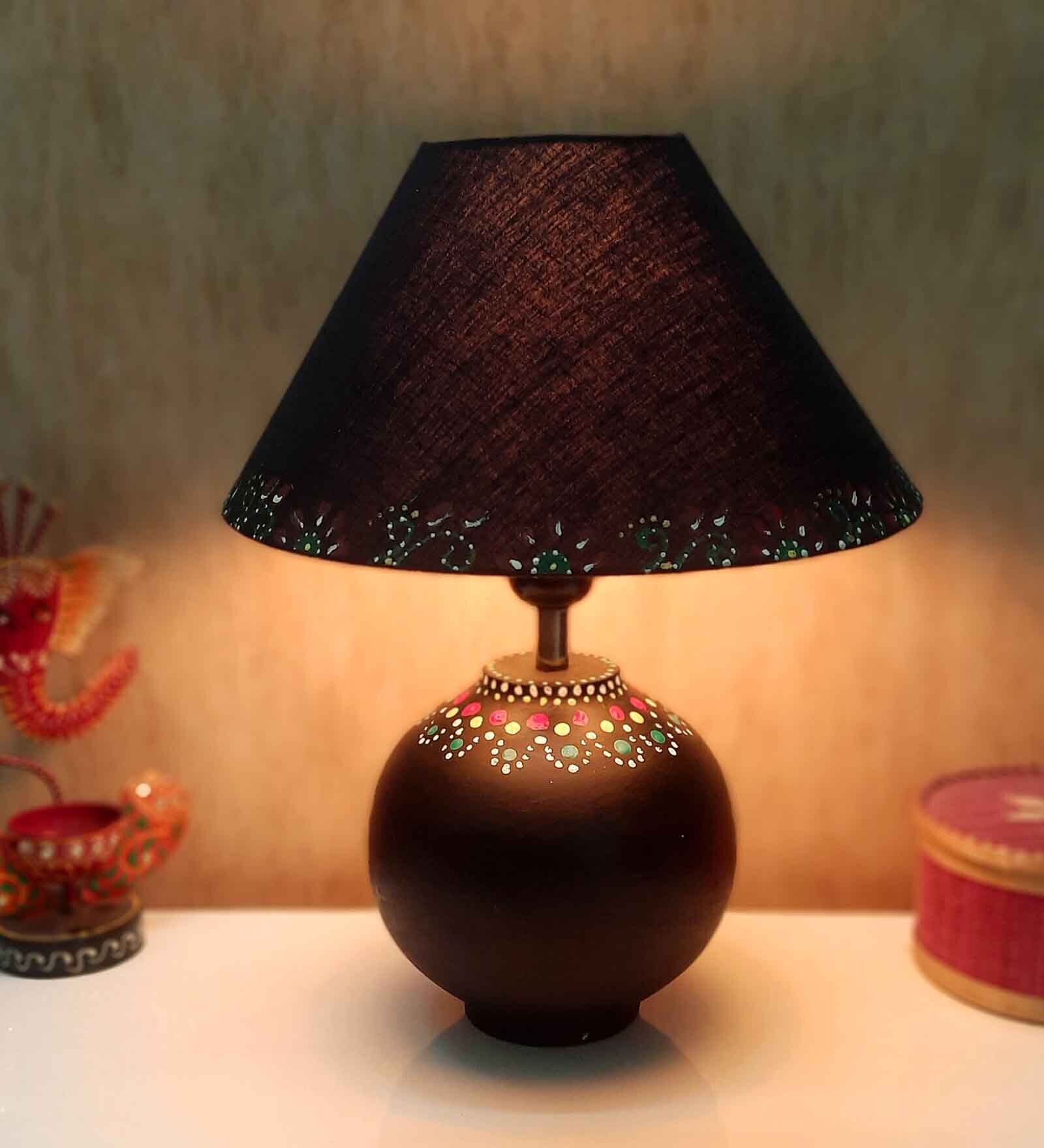 Handmade Mandala Art Matka Shaped Wooden Lamp with Cotton Shade (Black & Black)