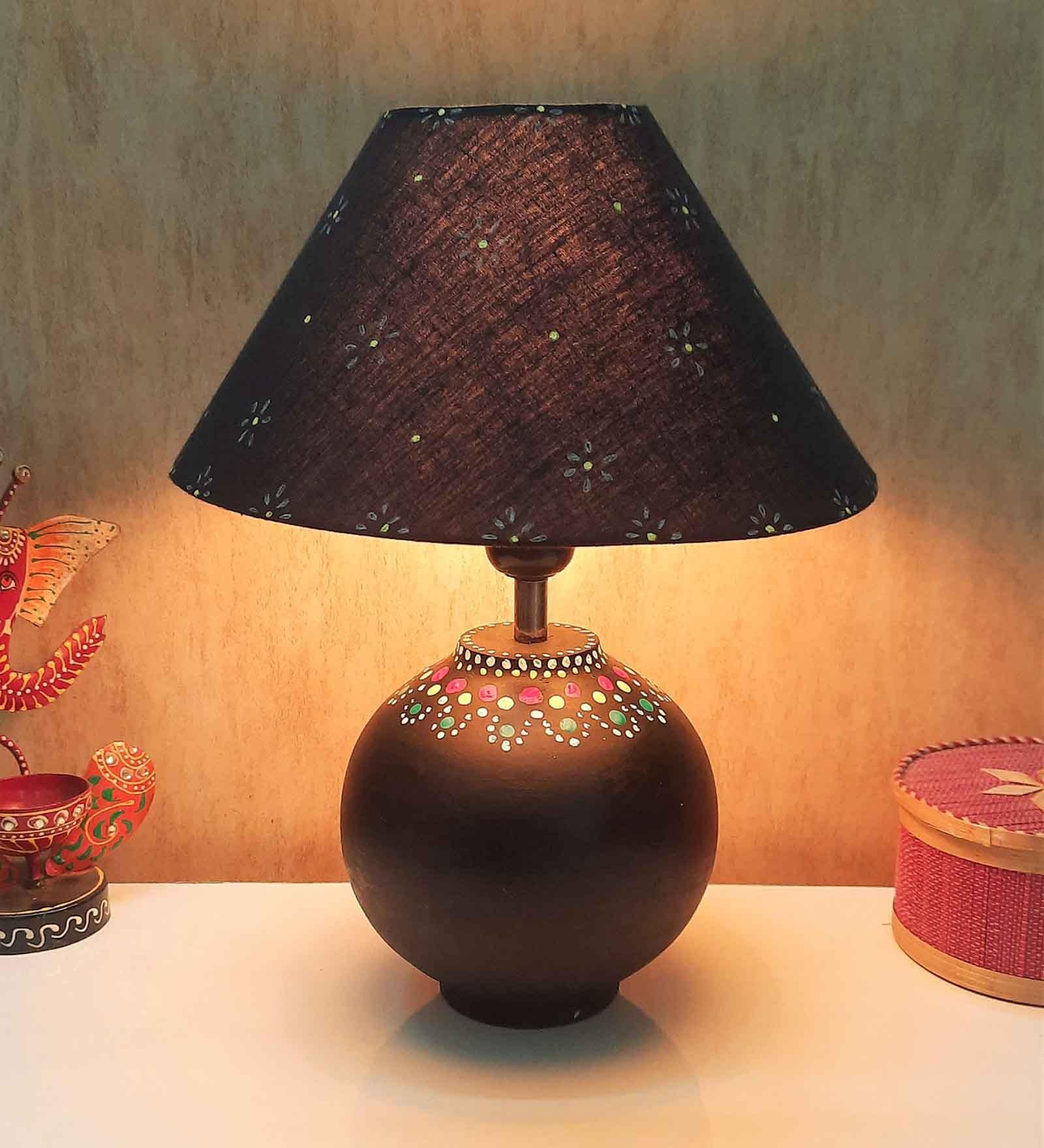 Handmade Mandala Art Matka Shaped Wooden Lamp with Cotton Shade (Black & Black)