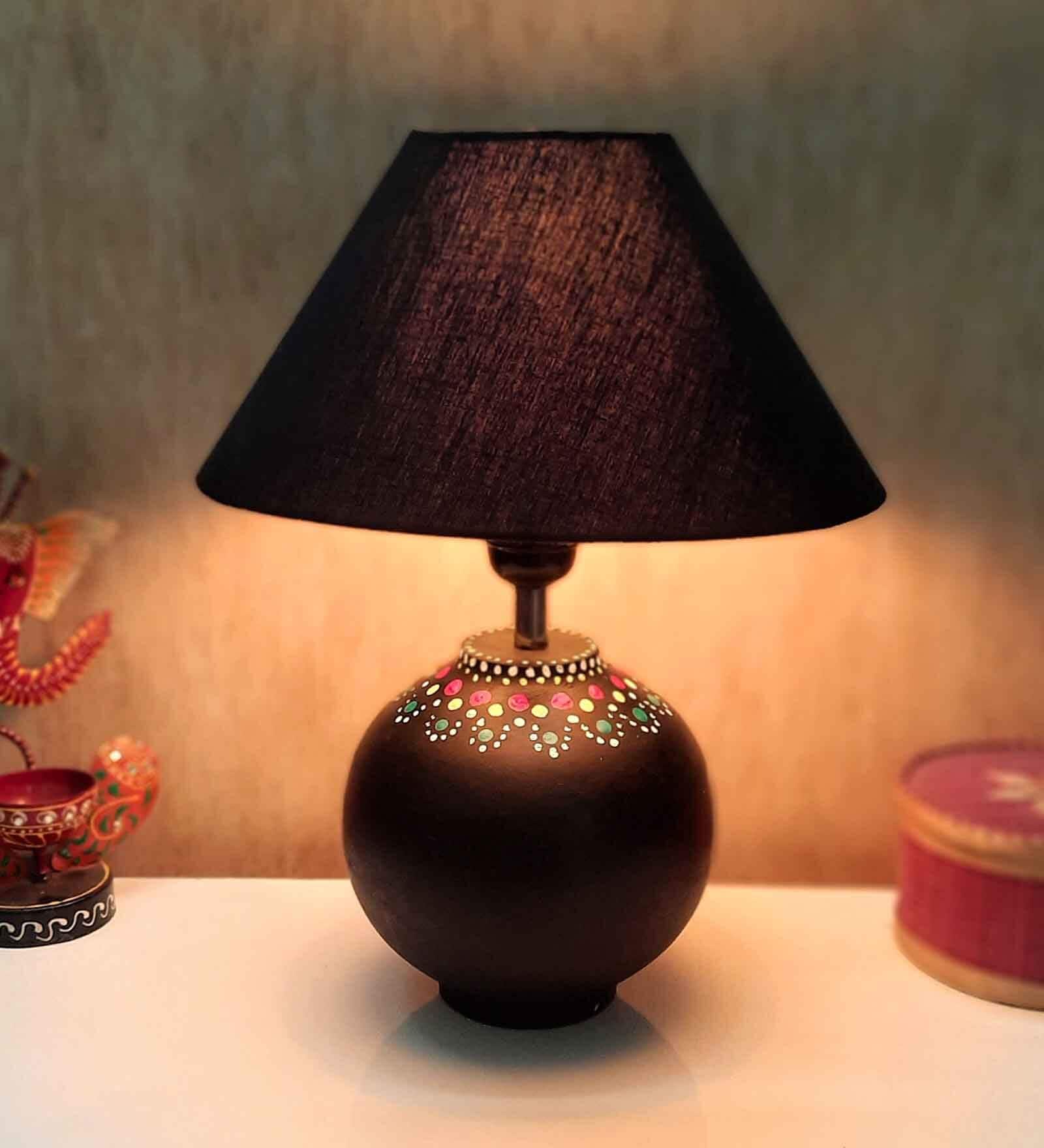 Handmade Mandala Art Matka Shaped Wooden Lamp with Cotton Shade (Black & Black)