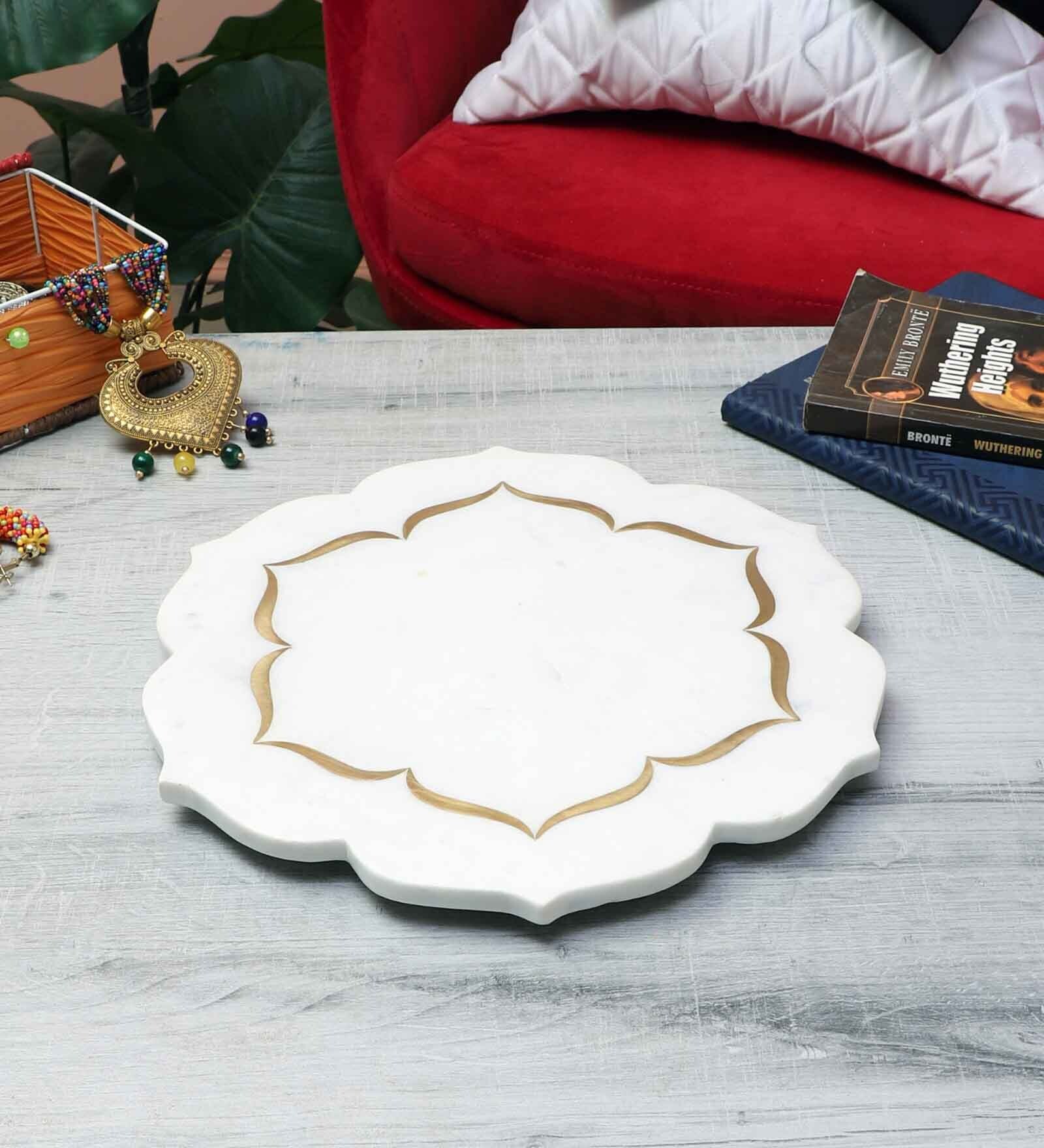 Handmade Marble Brass Inlay Cheese Platter Handmade Marble Brass Inlay Cheese Platter