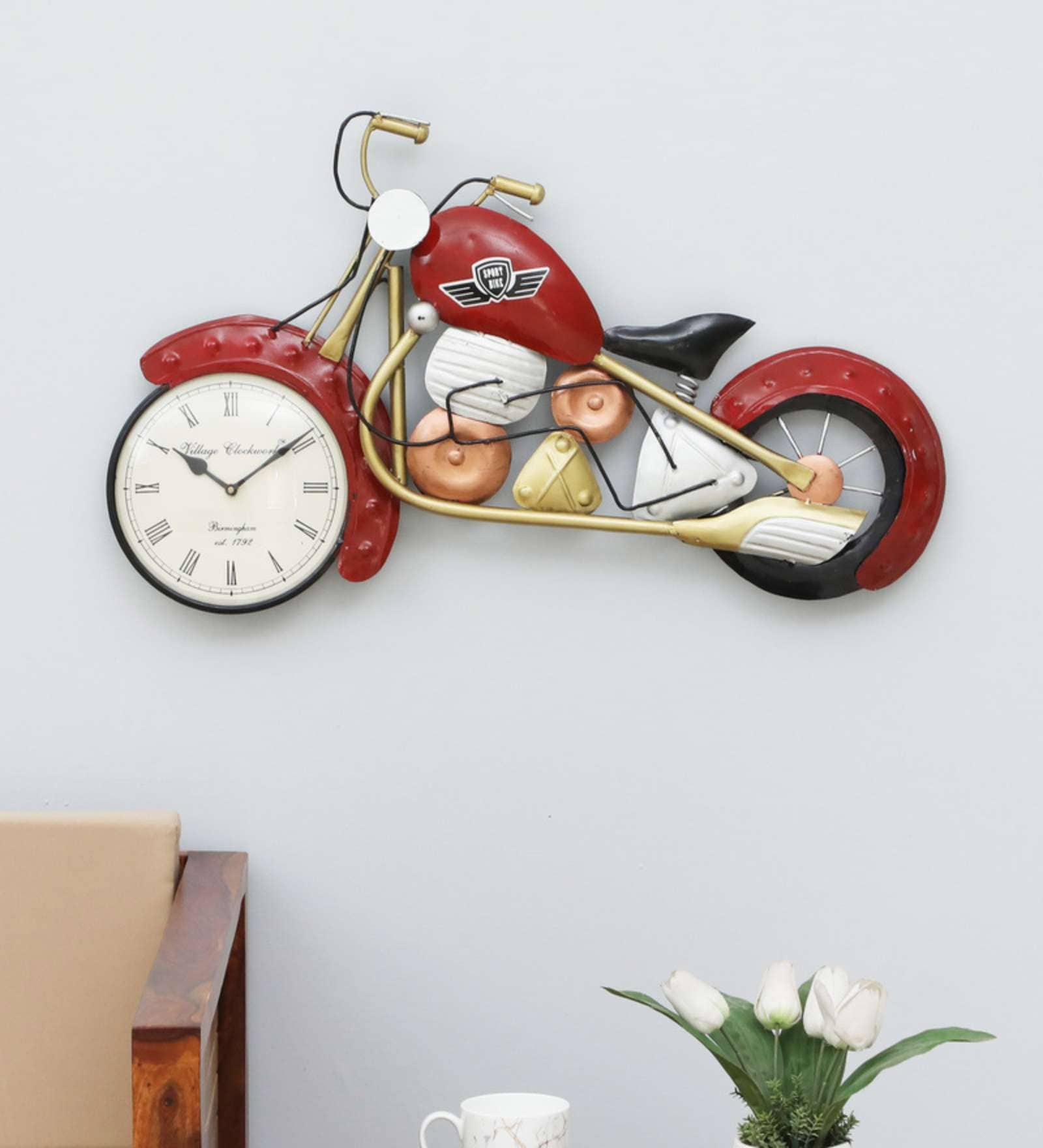 Handmade Maroon Metal Bullet Bilke Wall Hanging Clock