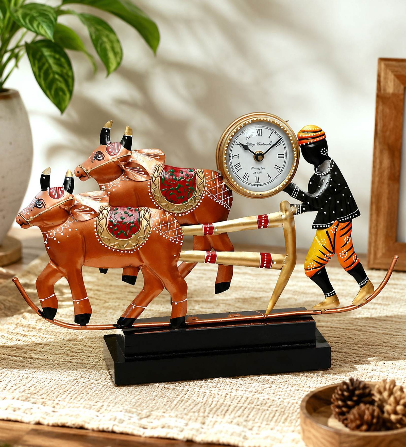 Handmade Metal Bullock Cart Clock Statue | Traditional Indian Rural Art Decorative Showpiece for Living Room