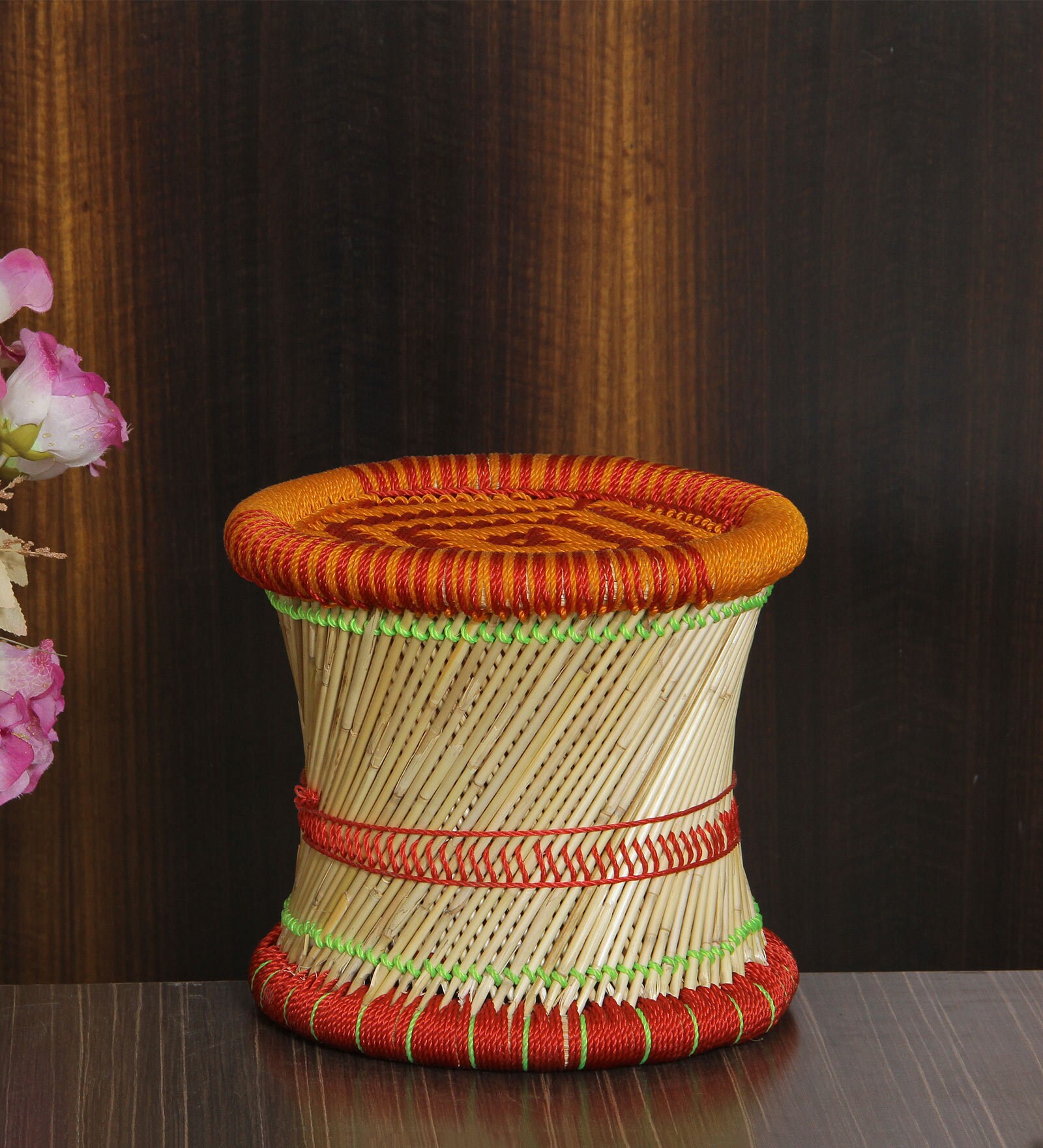 Ethnic Wicker Foot Stool in Orange and Natural Finish