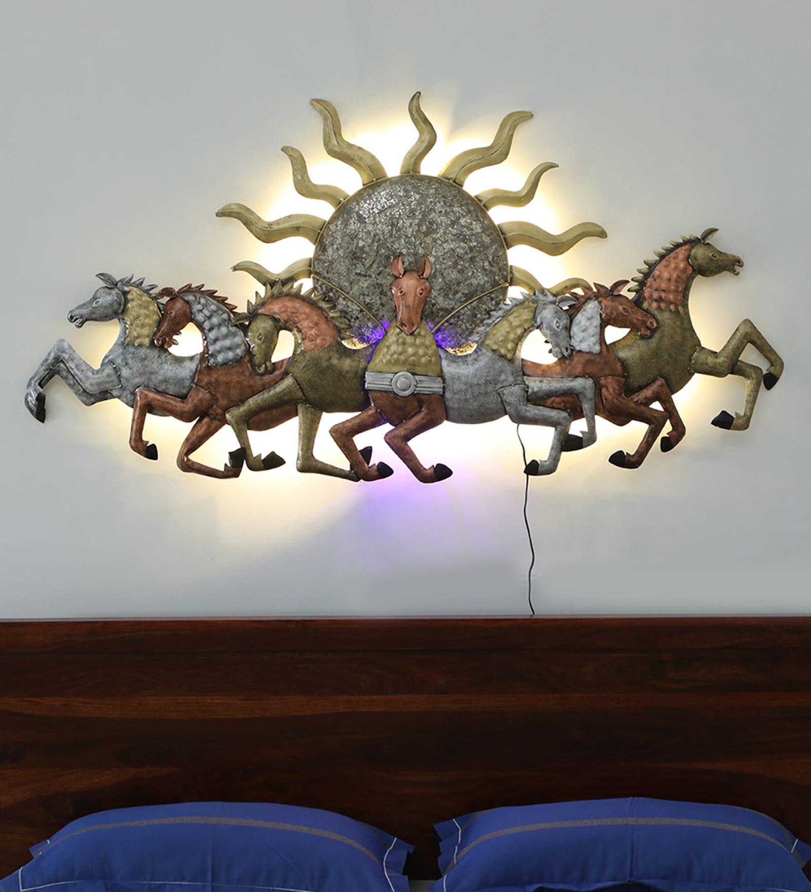 Multicolor Running Horses Metal Wall Art with LED Light