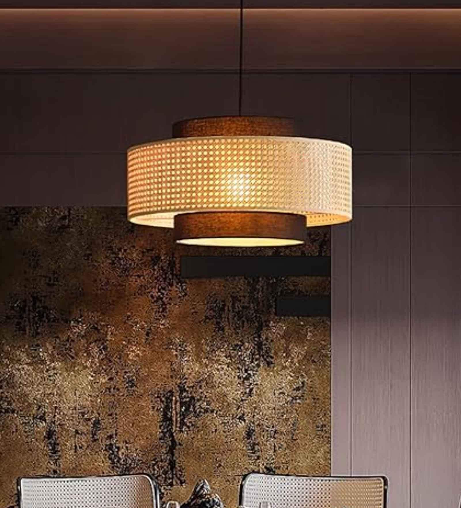 Handmade Rattan Cane Pendant Hanging Light with Jute Shade (Black & Beige)