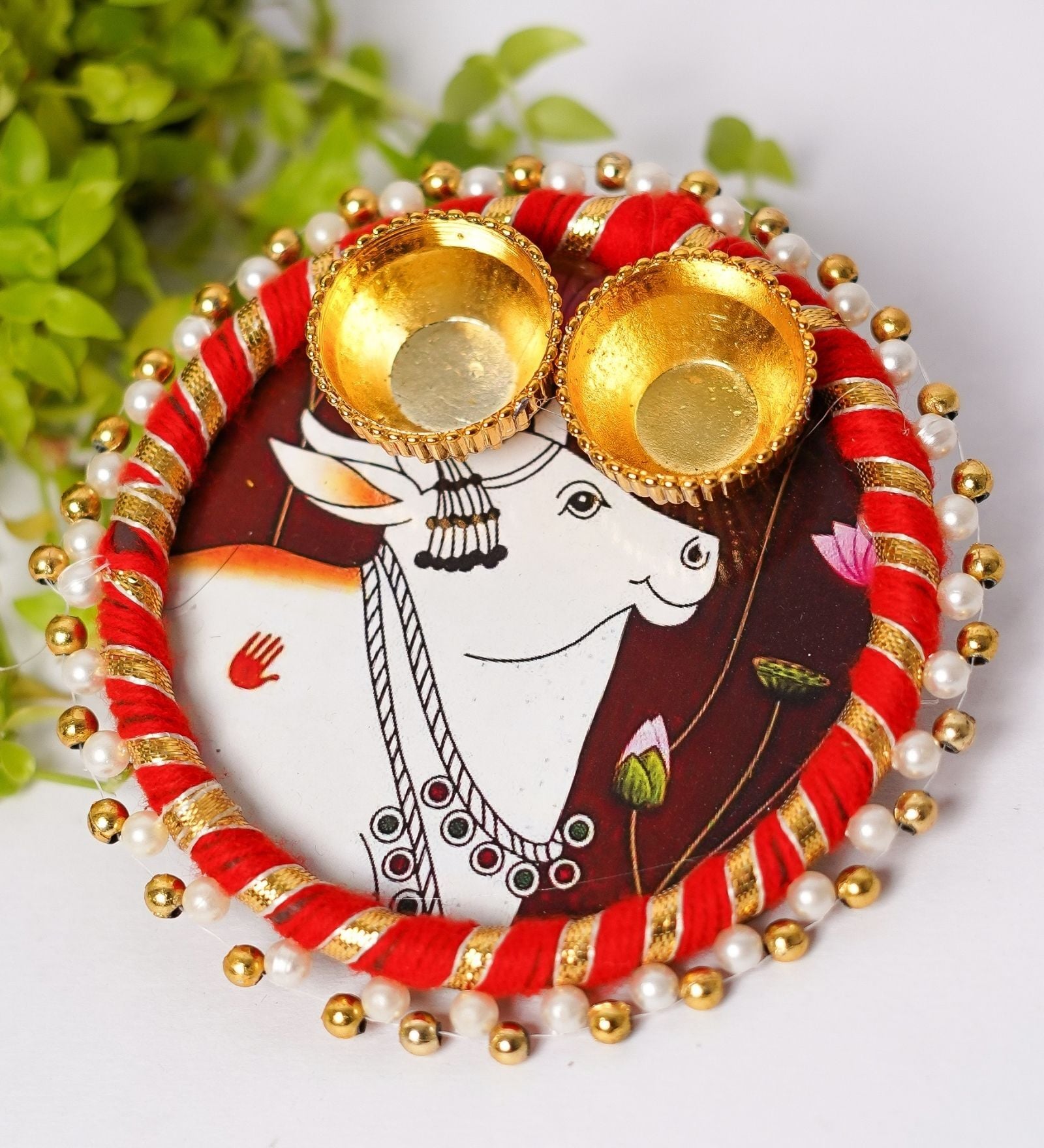 Handmade Red Engineered Wood Pooja Thali