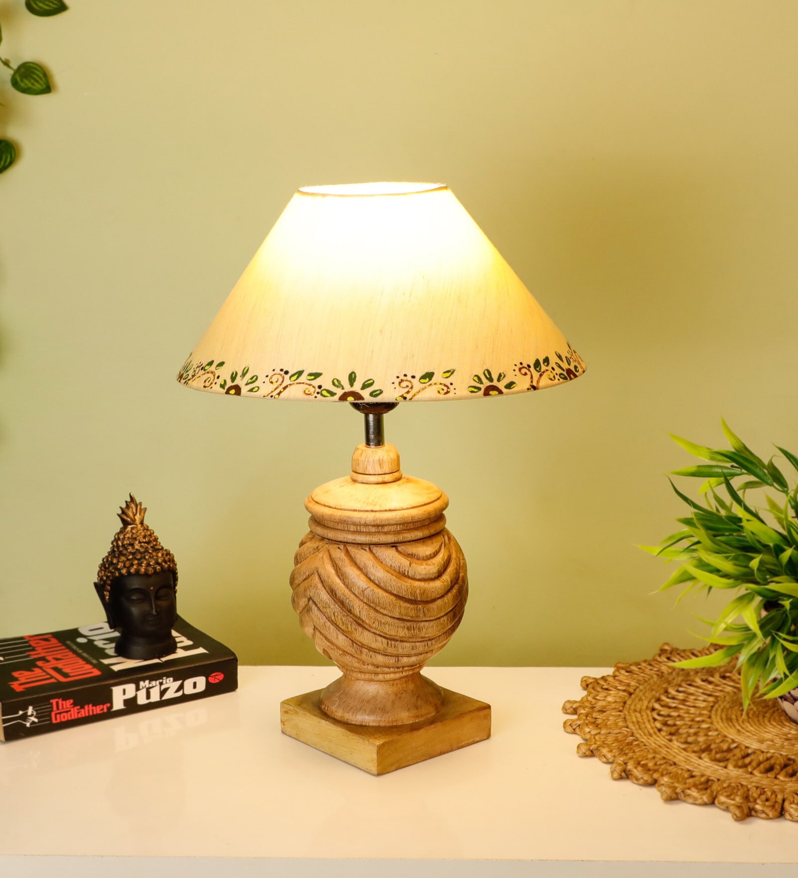 Beige Handpainted Shade With Natural Color Rings Design Wooden Handmade Table Lamp