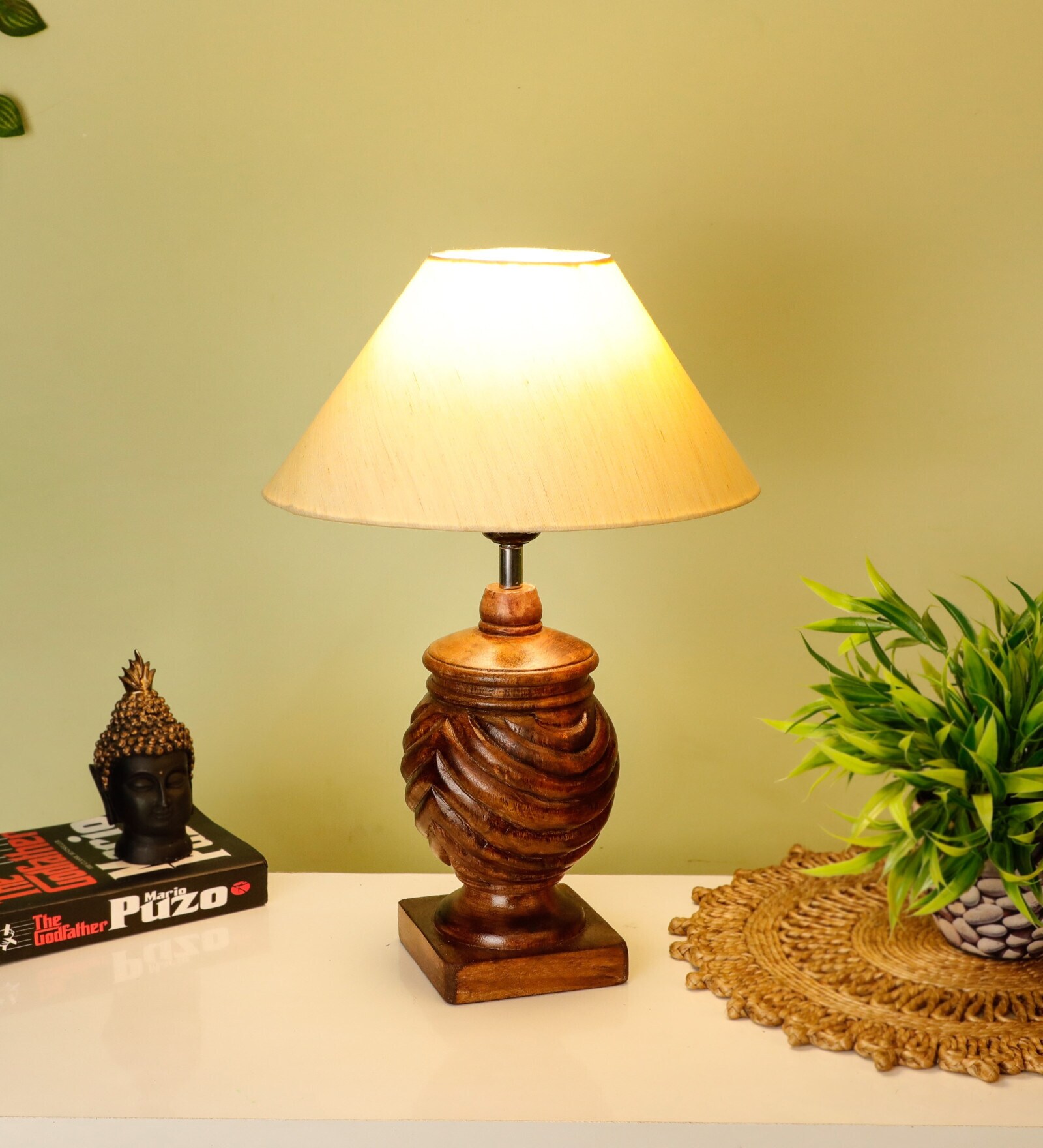 Beige Handpainted Shade With Brown Rings Design Wooden Handmade Table Lamp