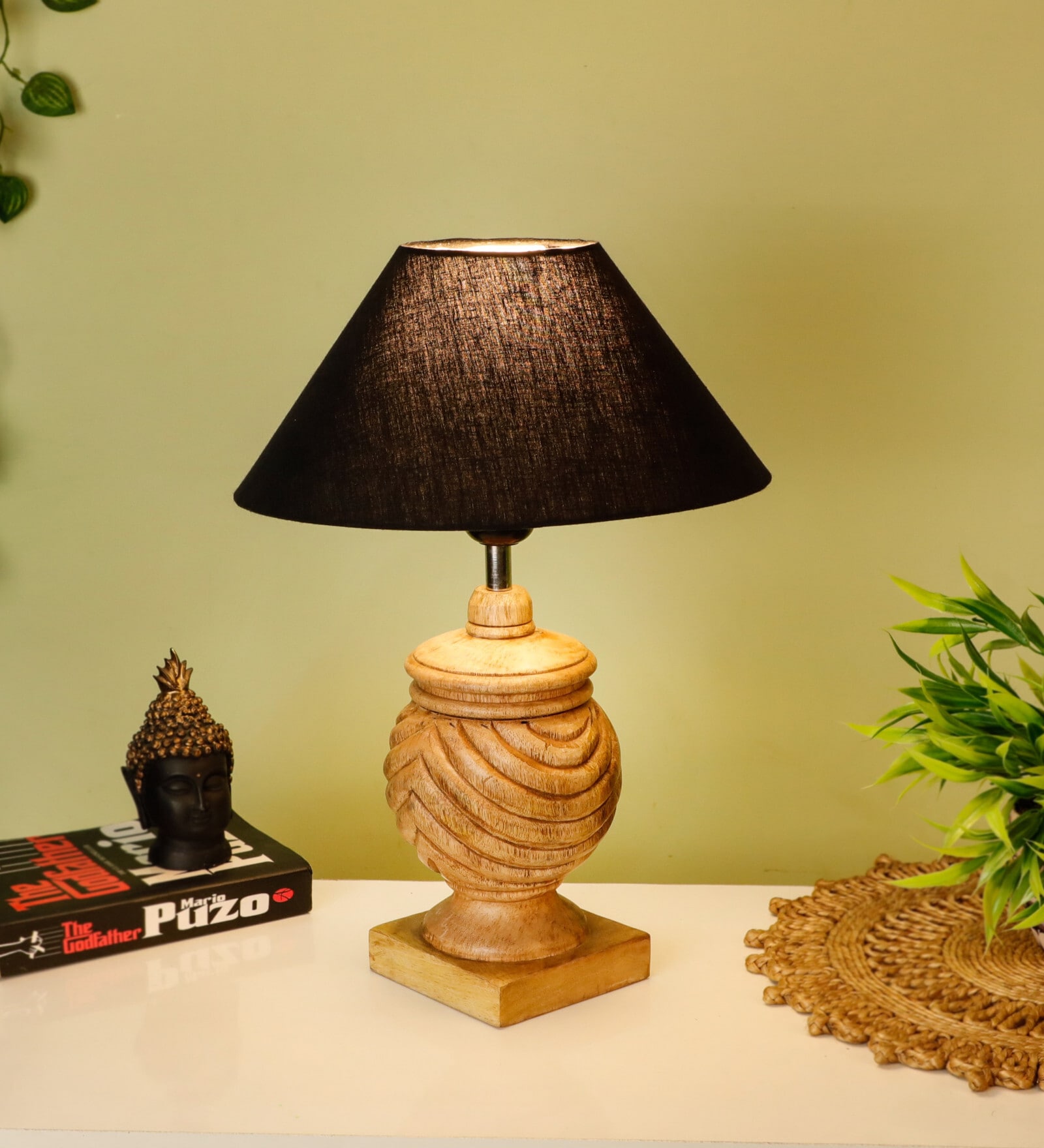 Black Shade With Natural Color Rings Design Wooden Handmade Table Lamp