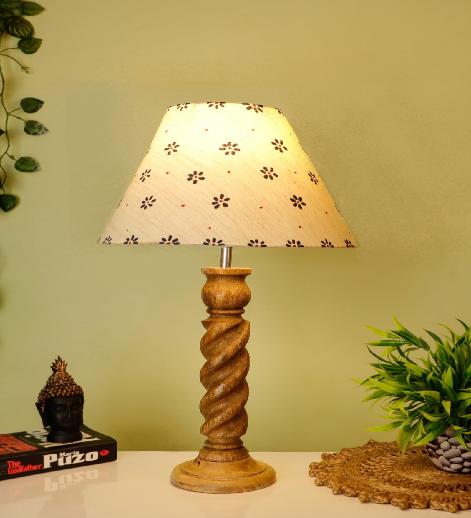 Beige Handpainted Shade With Natural Color Rope Design Wooden Handmade Table Lamp