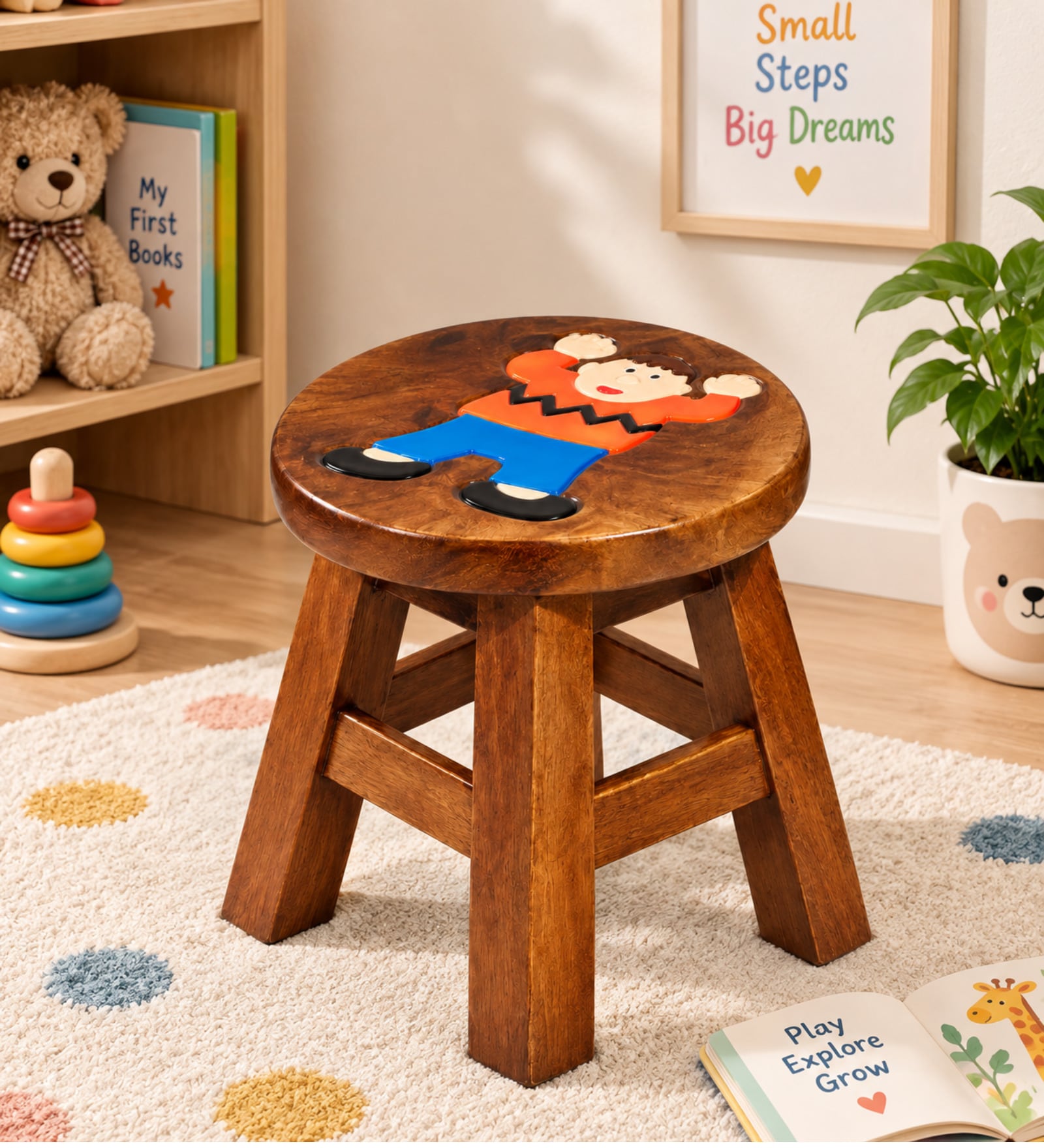 Handmade Round Wooden Kids Stool With Hand-Painted Cartoon Art