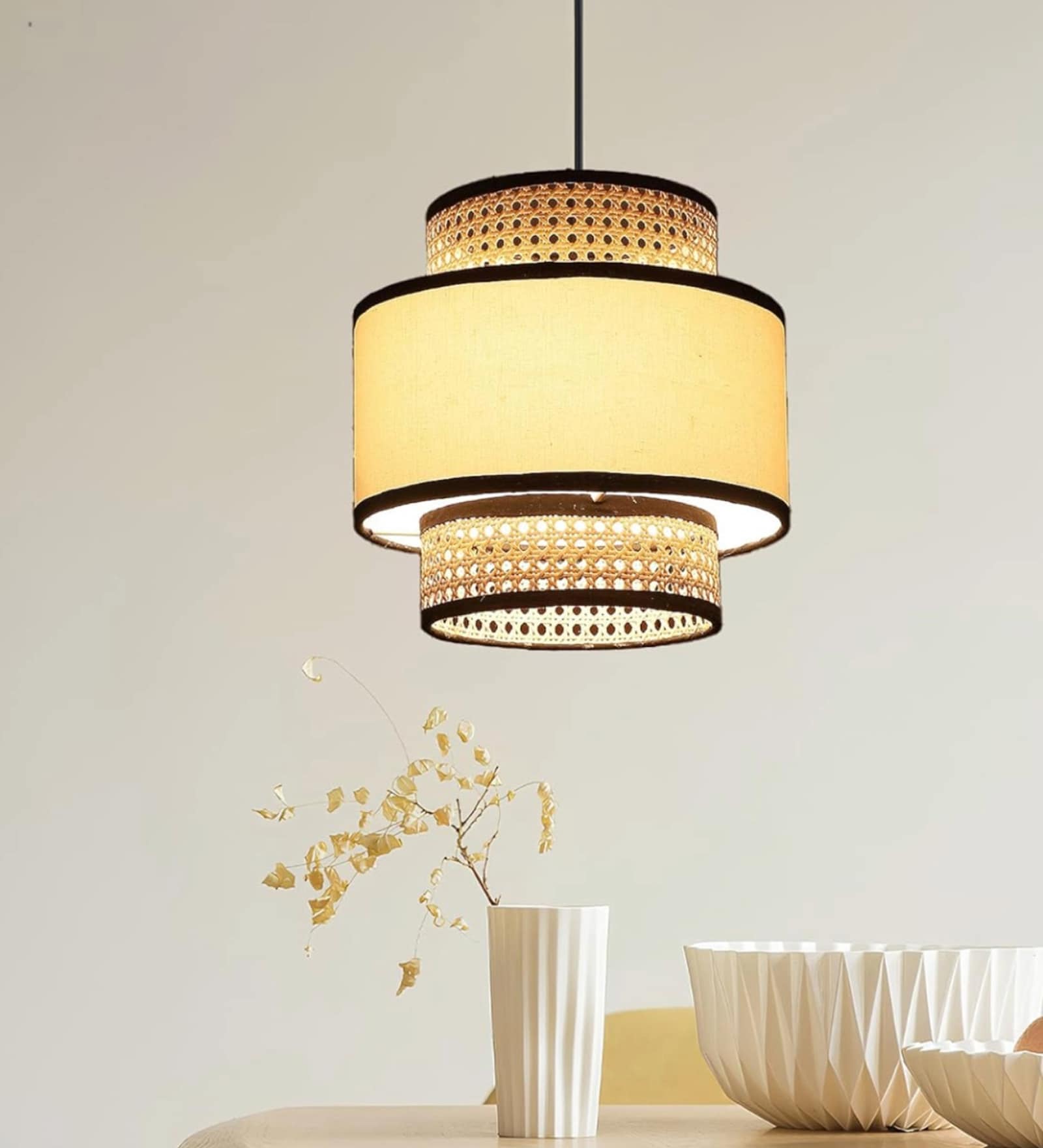 Handmade Webbing Rattan Cane & Sea Grass Pendant Hanging Light (Off White)