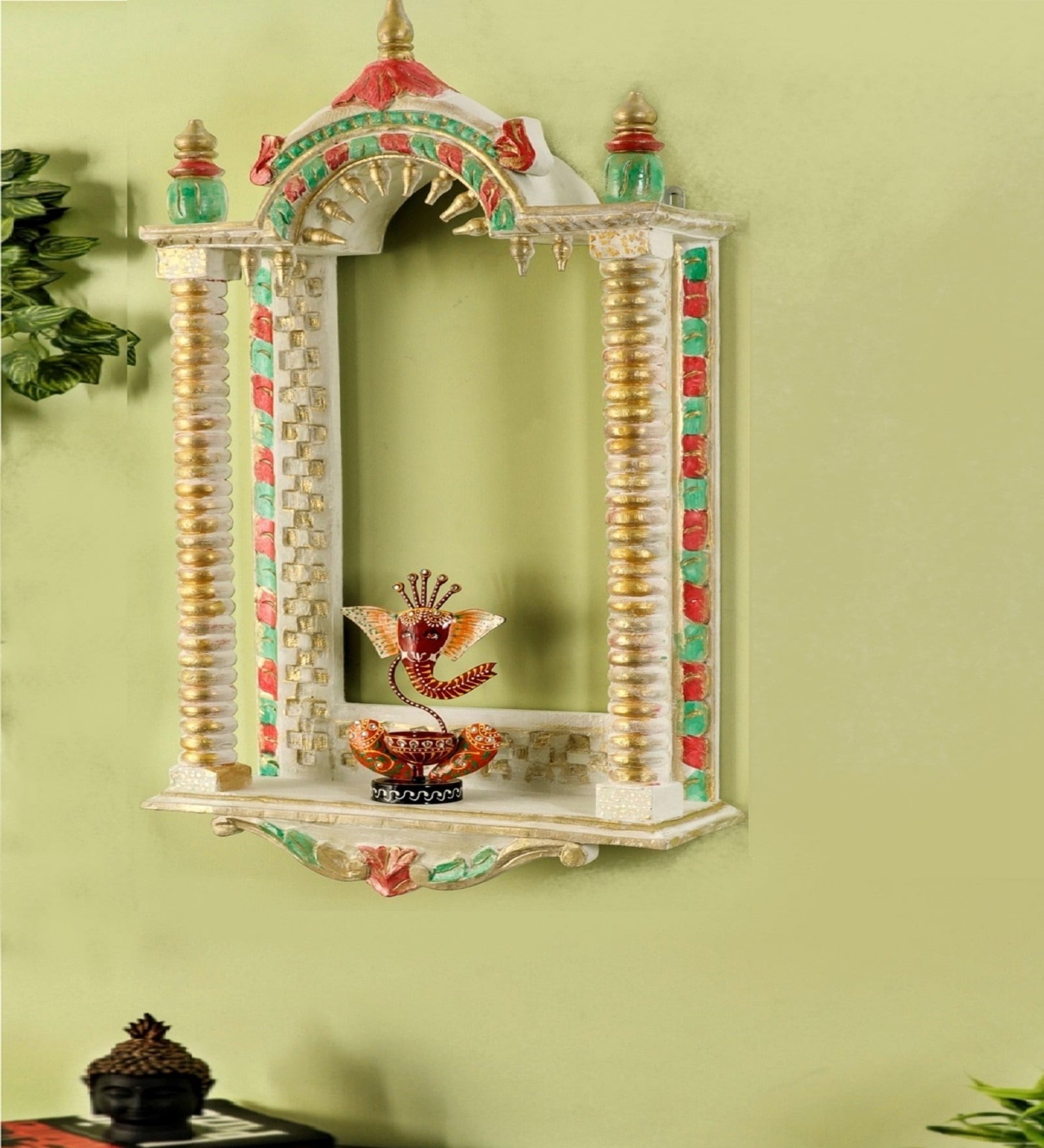 Handmade White Wooden Jharokha Cum Pooja Shelf
