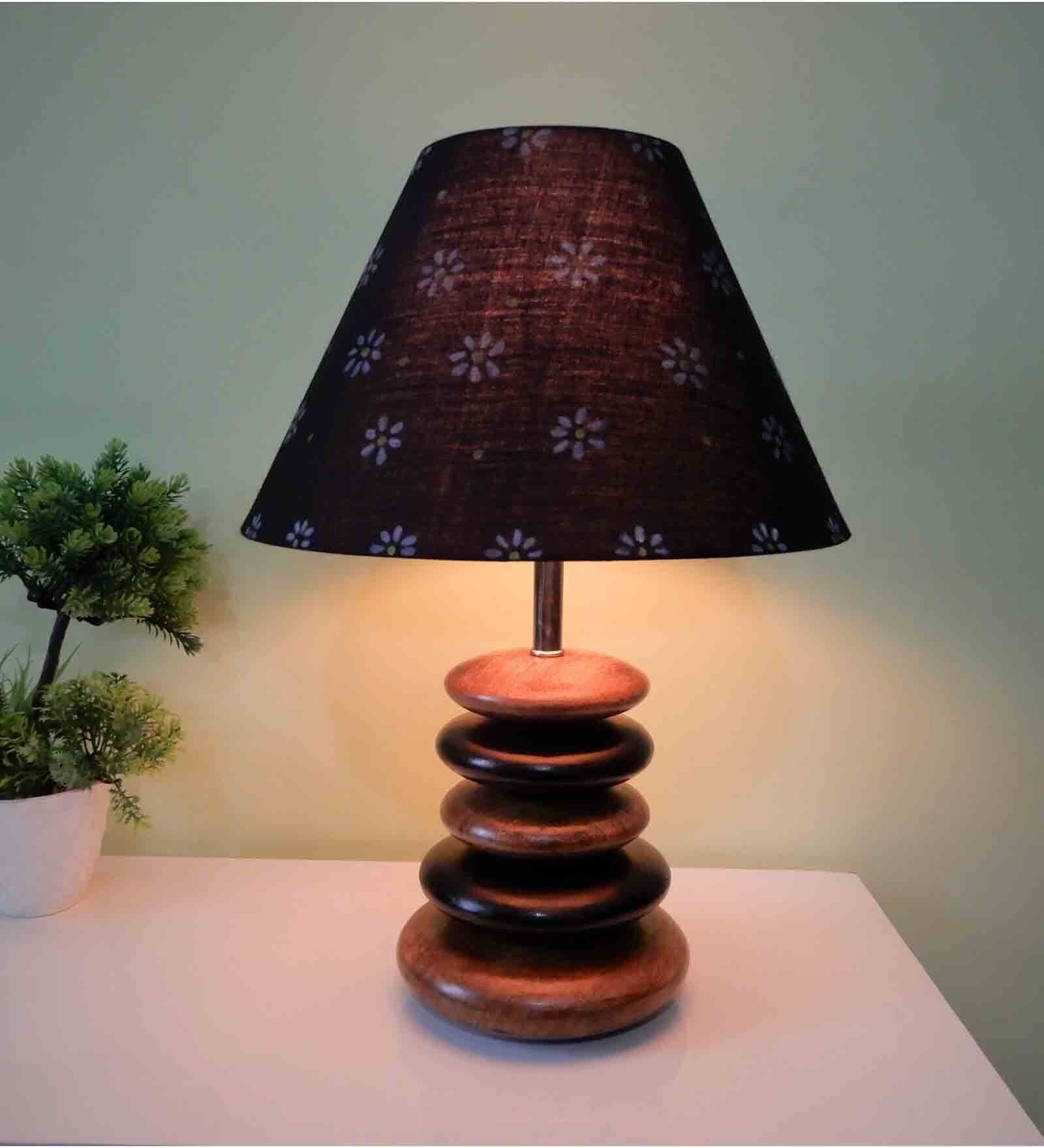 Handpainted Black Fabric Shade Pebble Table Lamp With Brown And Black Base